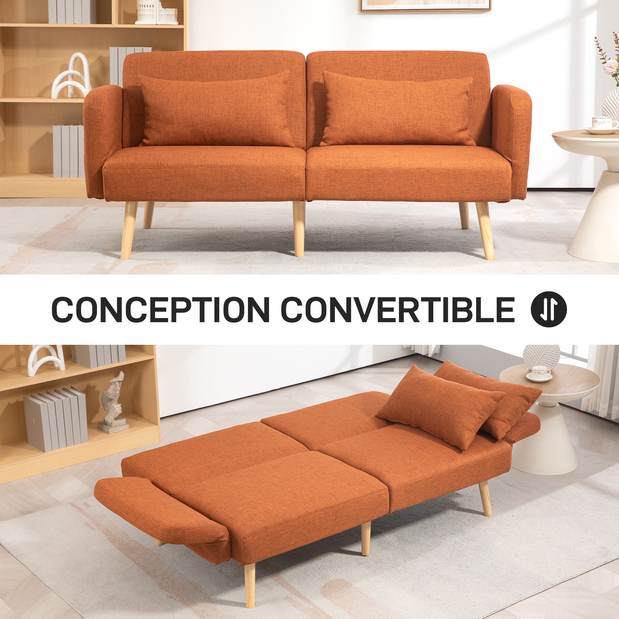 Canapé convertible 3 places, canapé-lit 2 places, dossier inclinable et accoudoirs réglables, clic clac en tissu effet lin, pieds en bois massif, 2 coussins lavables, marron