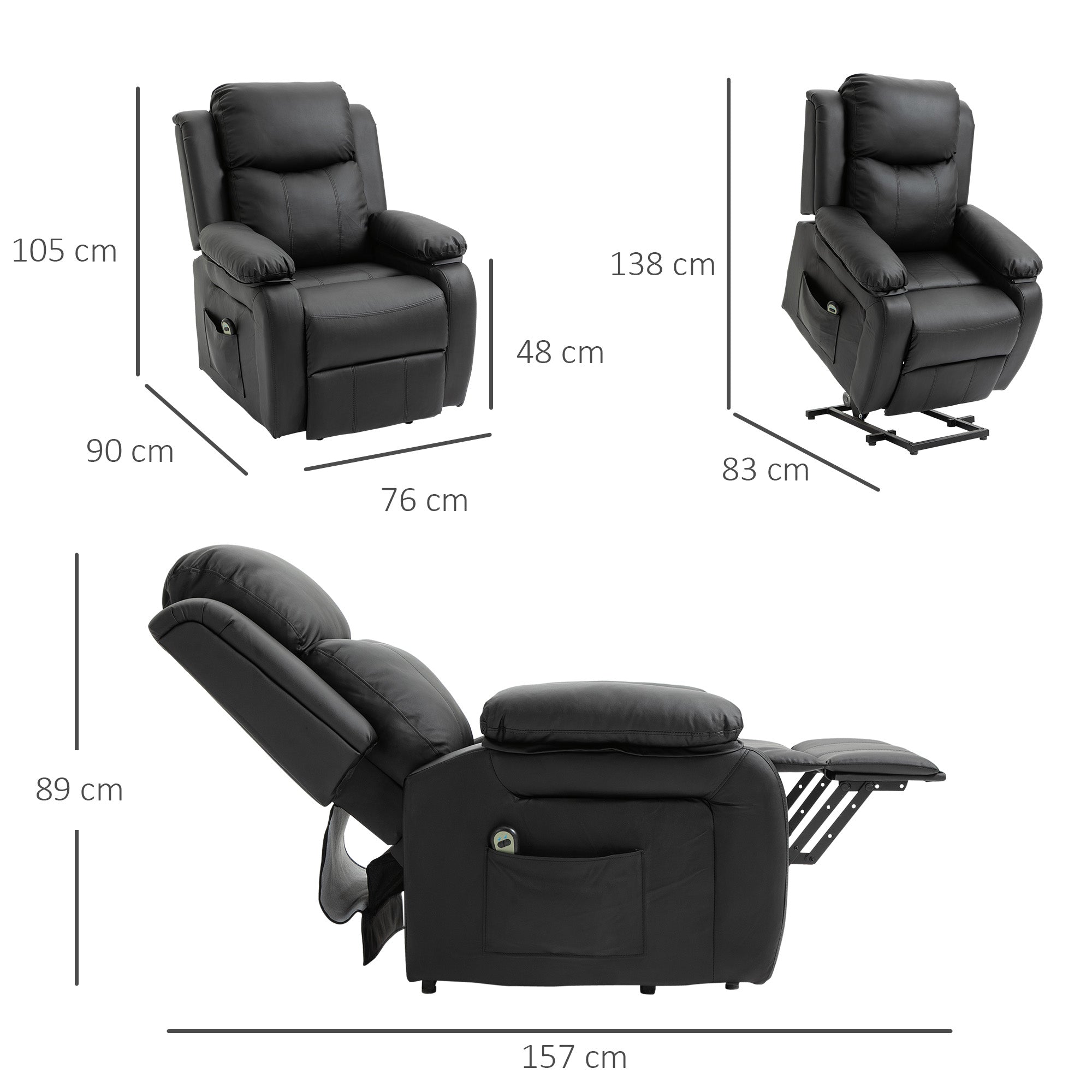 Fauteuil releveur électrique, fauteuil relax électrique avec repose-pied, dossier inclinable, télécommande et poches latérales, revêtement en PU, pour personnes âgées, noir