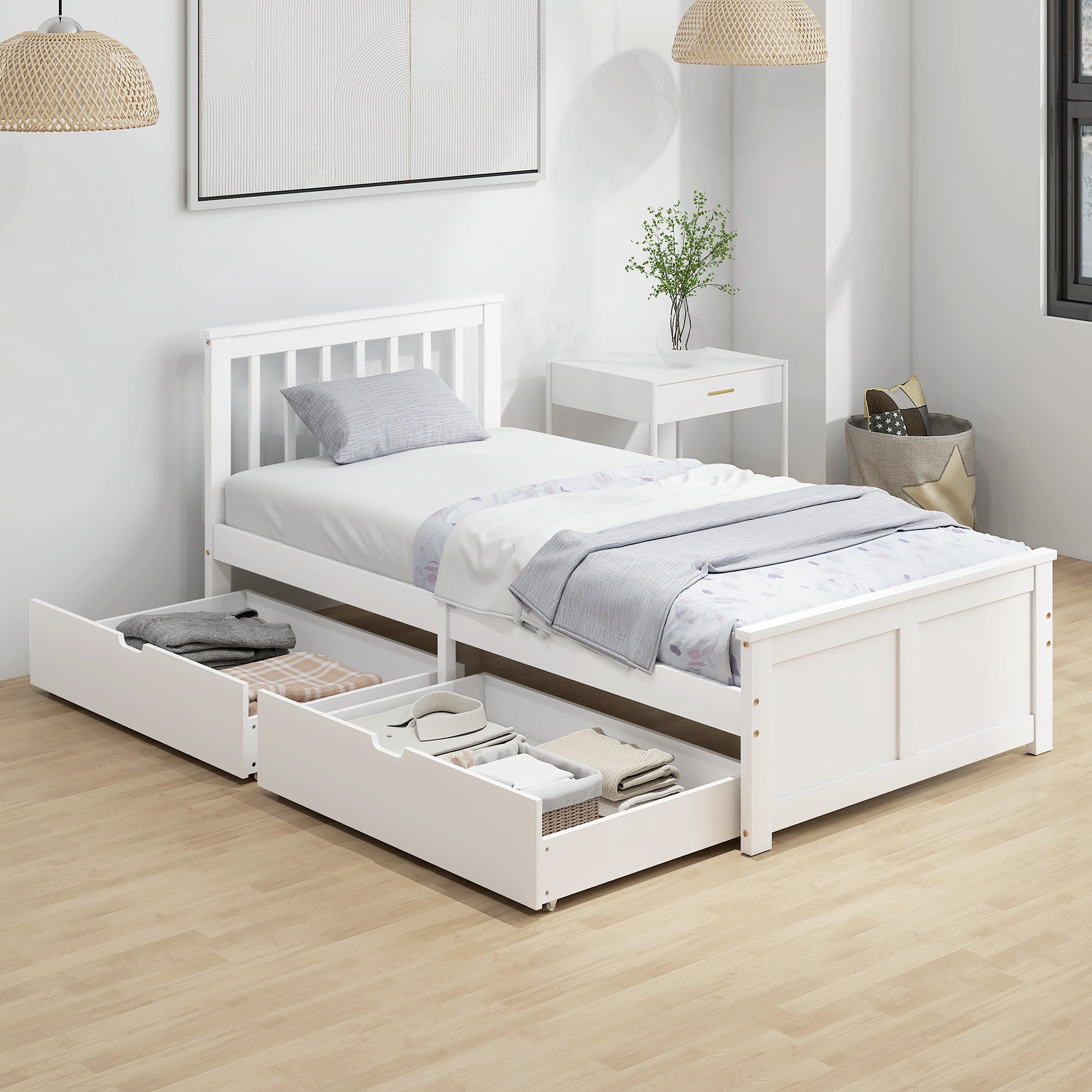 Cadre de Lit 90x190cm en Bois Massif,  Lit Coffre avec 2 Tiroirs sur Roulettes, Tête de Lit, Pied de Lit, Sommier à Lattes, Sans Bruit, Blanc