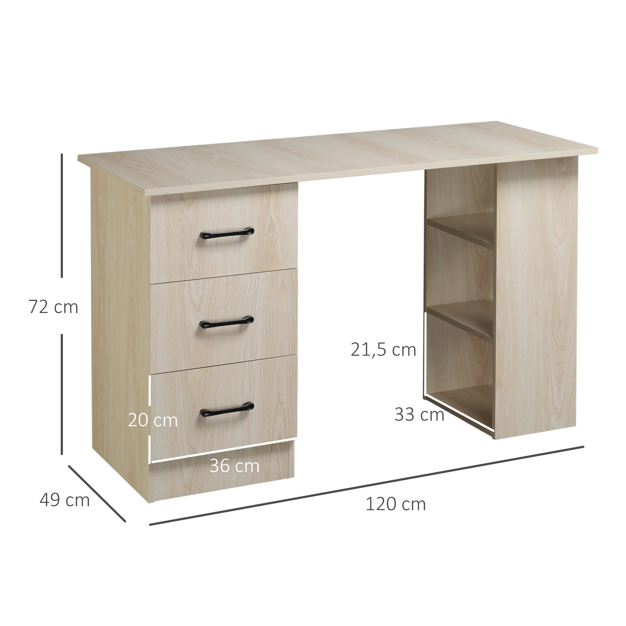 Bureau avec rangement, table informatique 120 x 50 cm, bureau d'ordinateur avec étagères et tiroirs, pour petits espaces, chambre à coucher, bois naturel