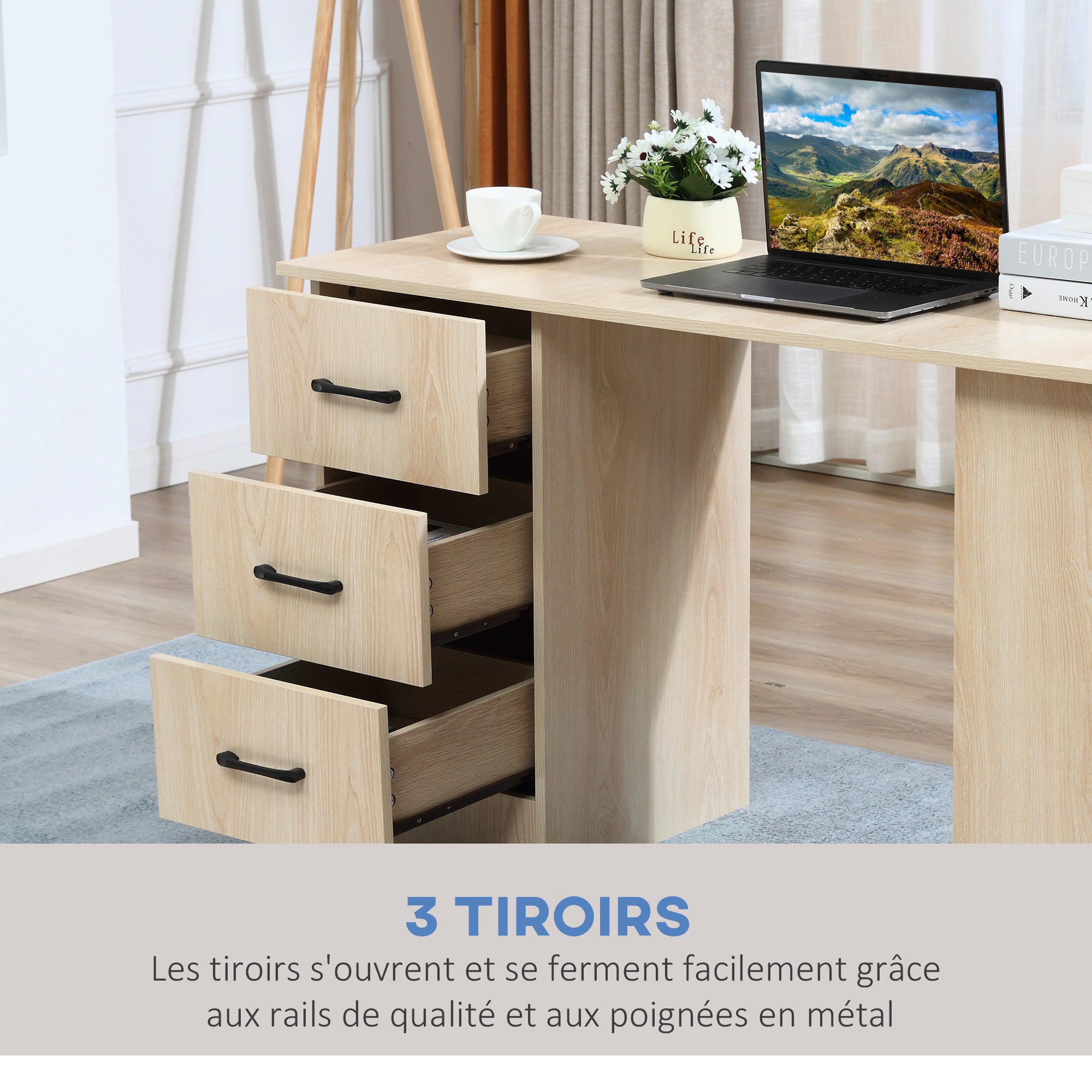 Bureau avec rangement, table informatique 120 x 50 cm, bureau d'ordinateur avec étagères et tiroirs, pour petits espaces, chambre à coucher, bois naturel