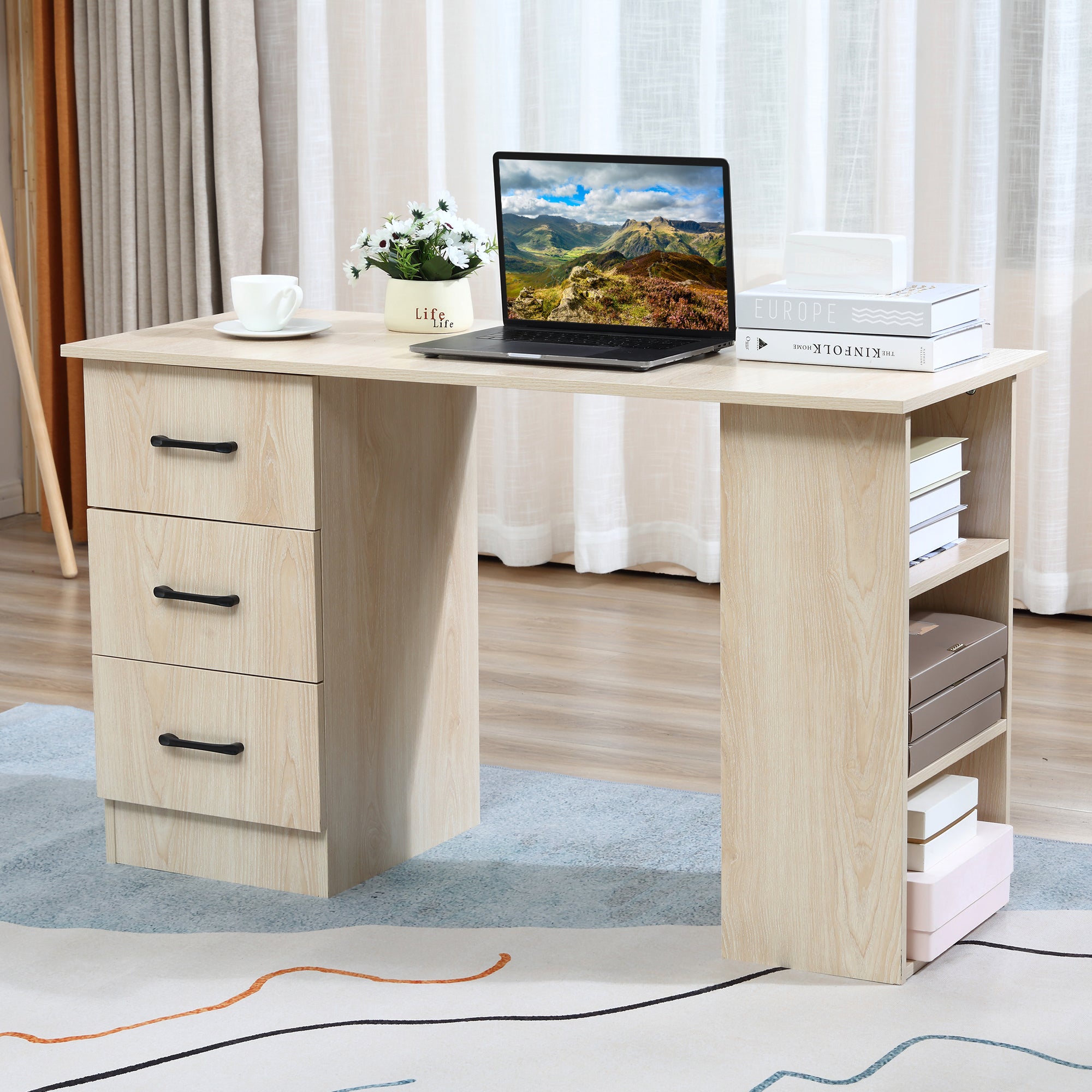 Bureau avec rangement, table informatique 120 x 50 cm, bureau d'ordinateur avec étagères et tiroirs, pour petits espaces, chambre à coucher, bois naturel