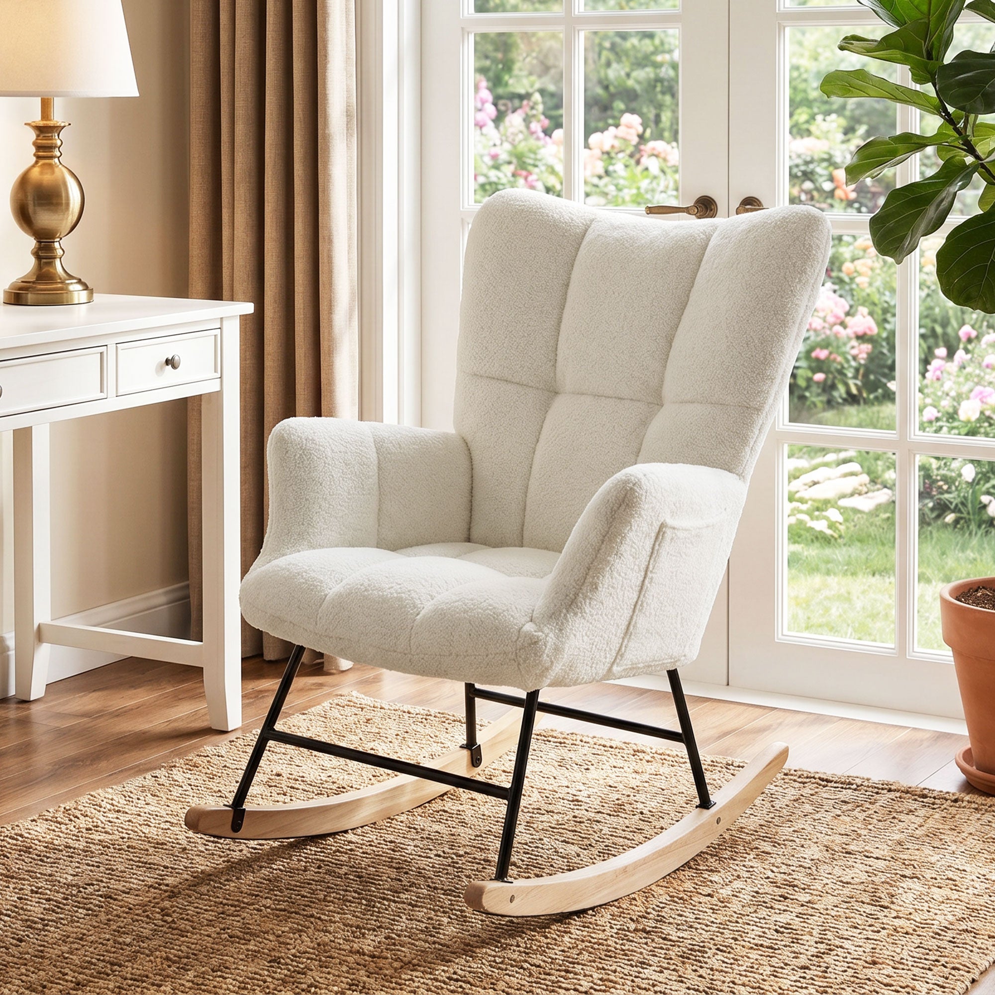 Fauteuil à Bascule, Rocking Chair en Peluche Teddy, Poches Latérales, Dossier à Oreilles Capitonné, Assise Rembourrée, Pieds en Bois d'hévéa, Chaise à Bascule Moderne pour Salon, Chambre, Crème