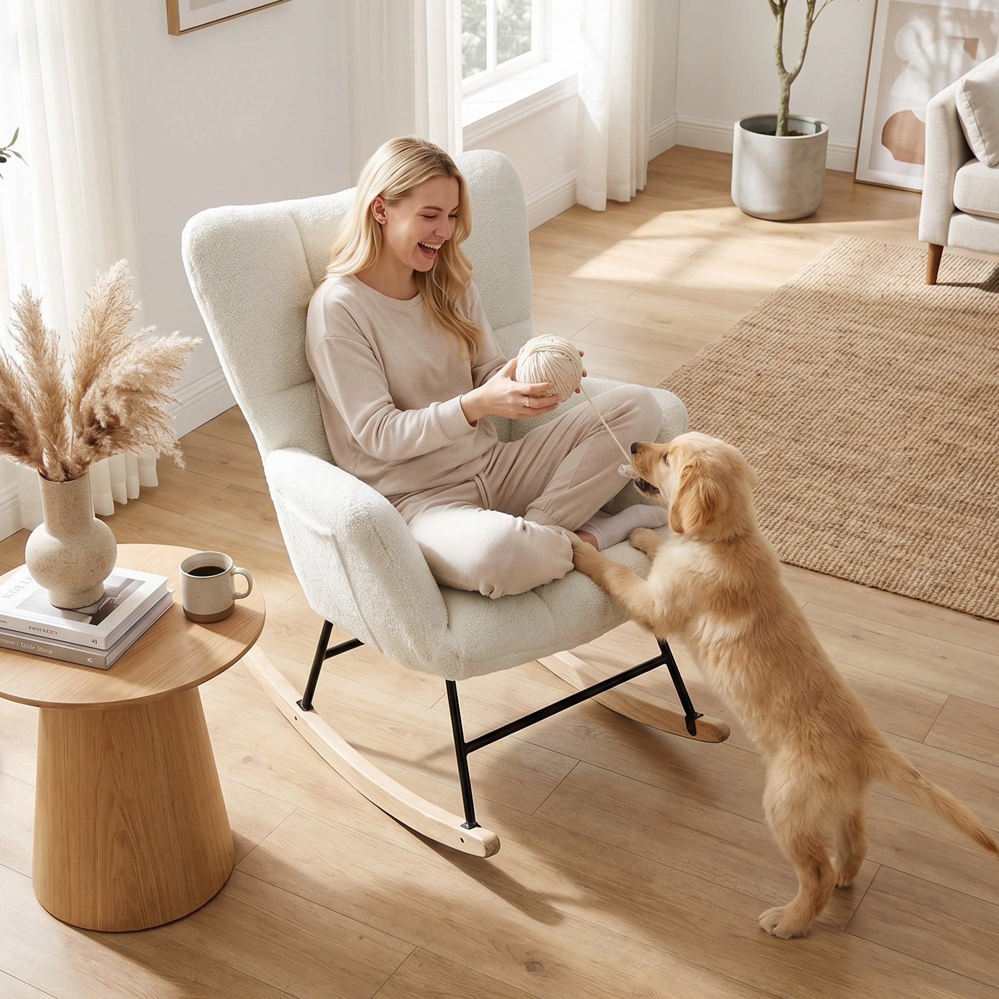 Fauteuil à Bascule, Rocking Chair en Peluche Teddy, Poches Latérales, Dossier à Oreilles Capitonné, Assise Rembourrée, Pieds en Bois d'hévéa, Chaise à Bascule Moderne pour Salon, Chambre, Crème