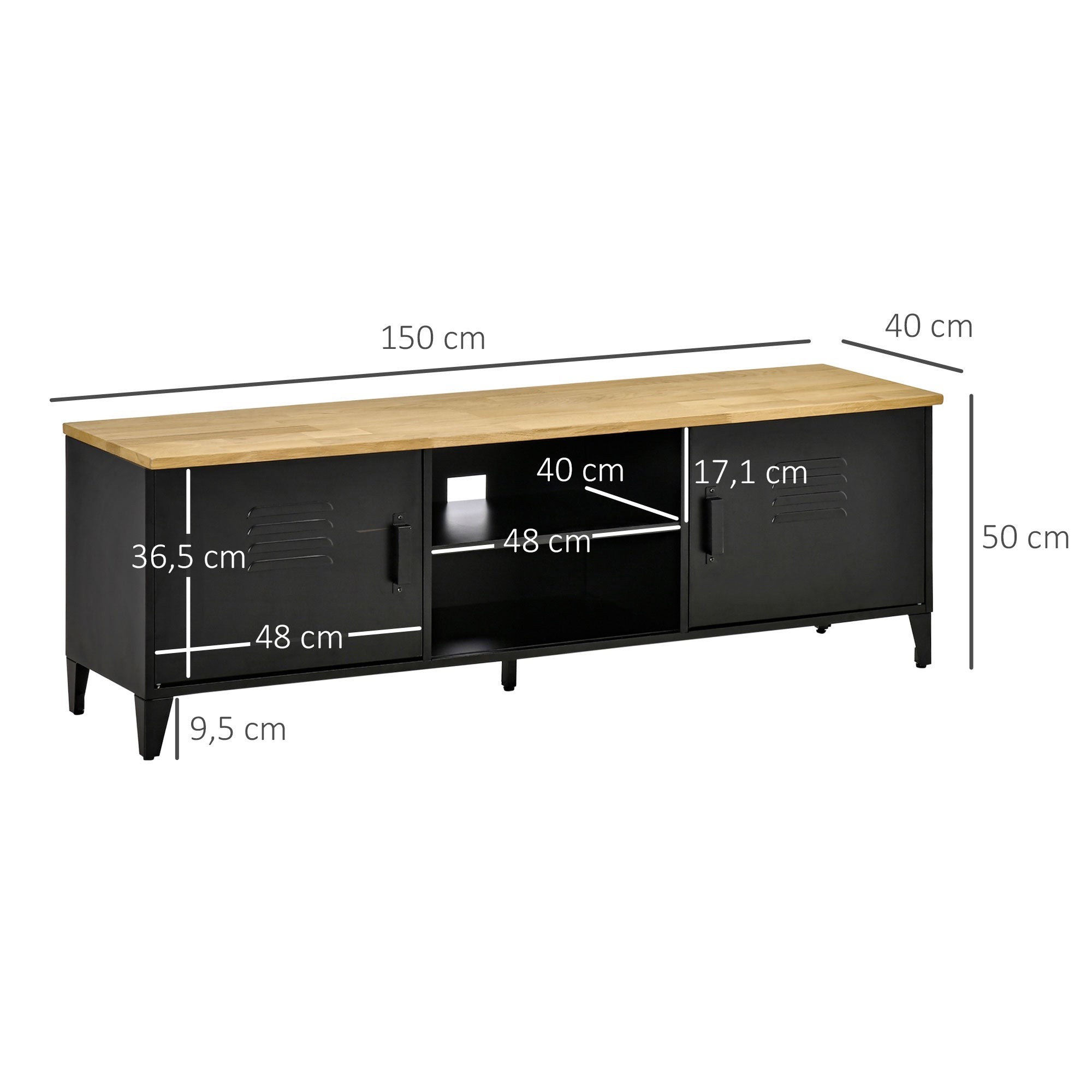 Meuble TV Banc TV pour téléviseurs de 55'' avec 2 Placards Pieds Réglables Cadre métalique noir Plateau en Bois Naturel 150 x 40 x 50 cm