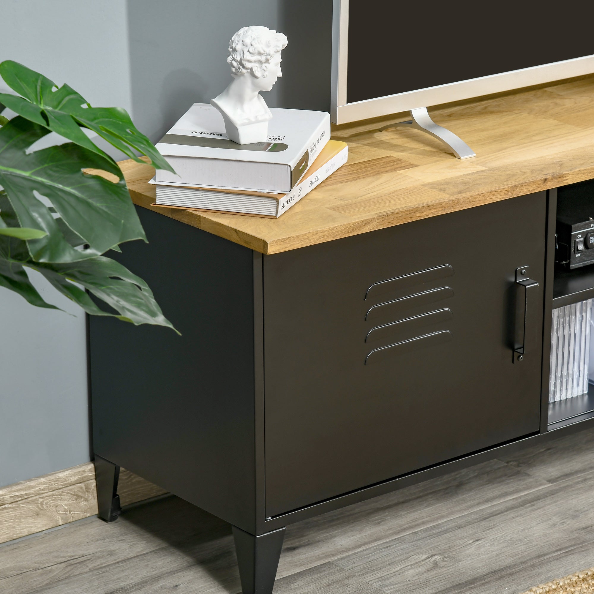 Meuble TV Banc TV pour téléviseurs de 55'' avec 2 Placards Pieds Réglables Cadre métalique noir Plateau en Bois Naturel 150 x 40 x 50 cm