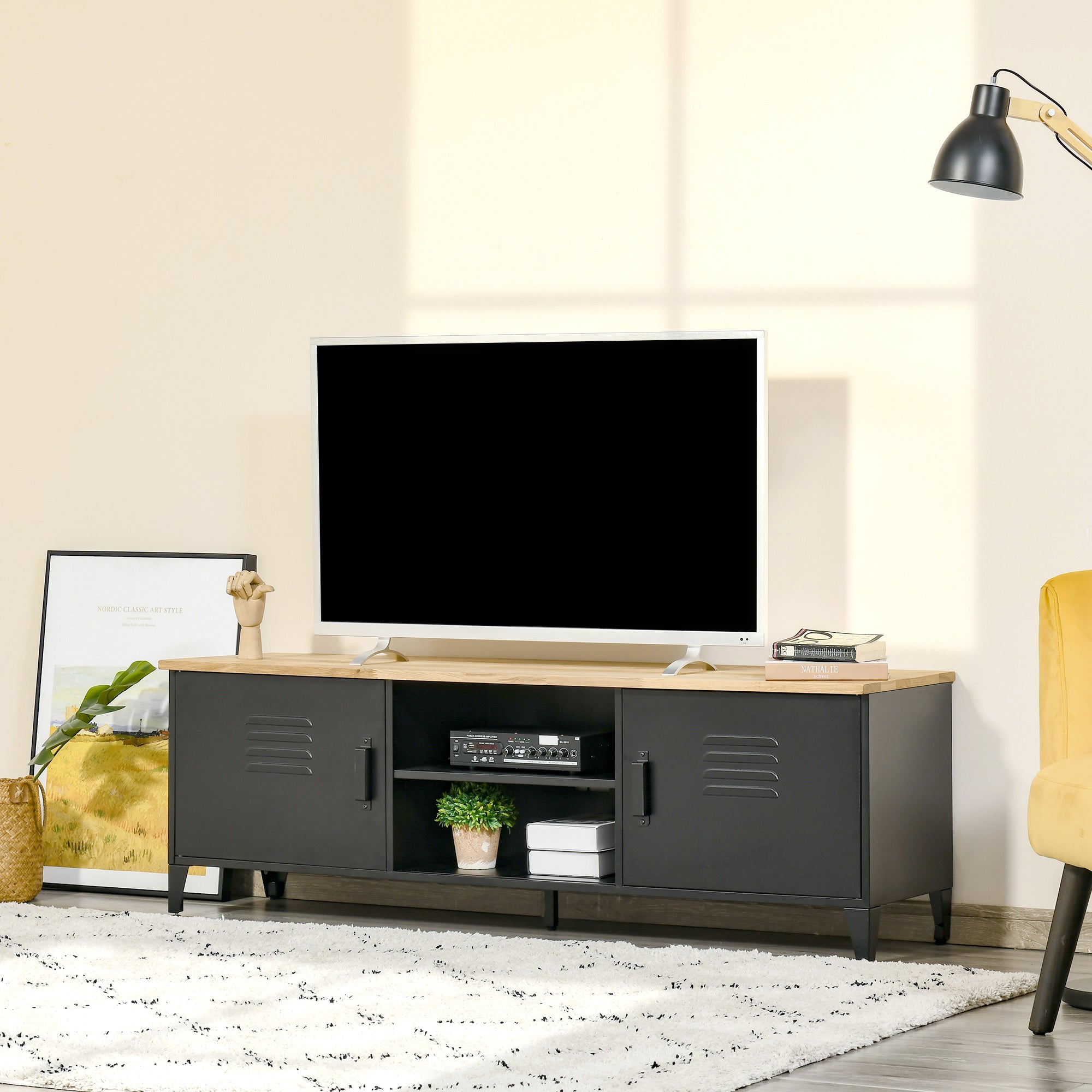 Meuble TV Banc TV pour téléviseurs de 55'' avec 2 Placards Pieds Réglables Cadre métalique noir Plateau en Bois Naturel 150 x 40 x 50 cm