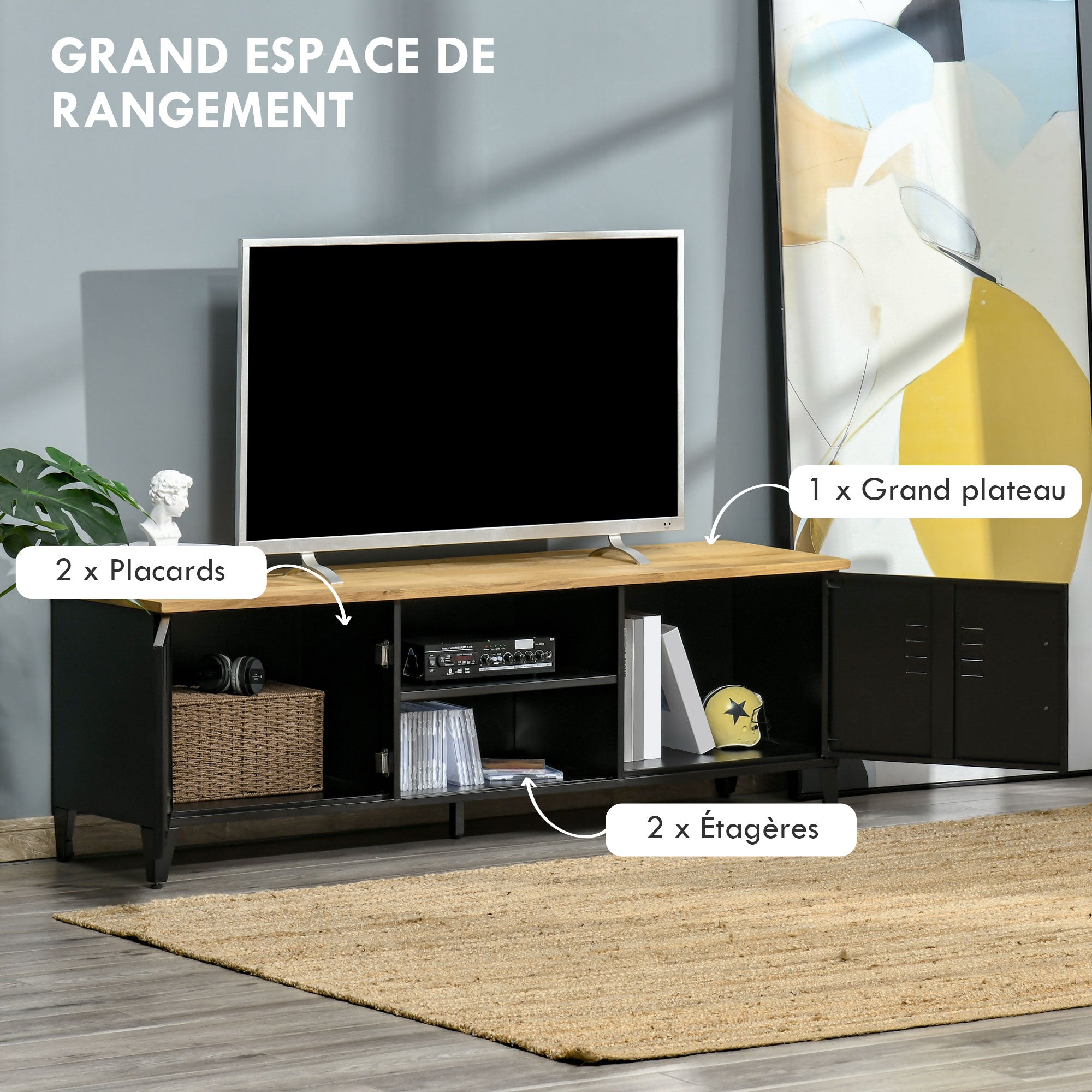 Meuble TV Banc TV pour téléviseurs de 55'' avec 2 Placards Pieds Réglables Cadre métalique noir Plateau en Bois Naturel 150 x 40 x 50 cm