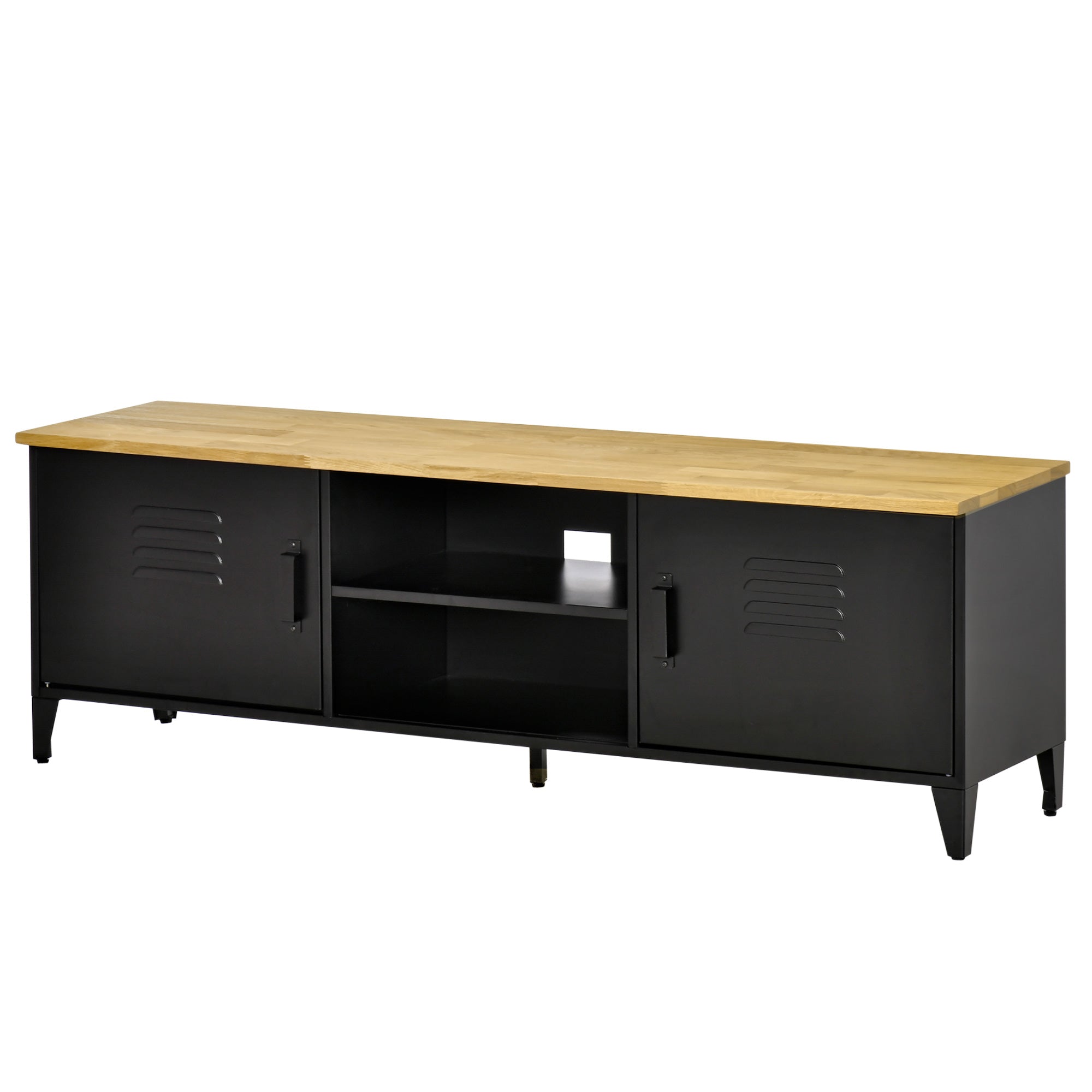 Meuble TV Banc TV pour téléviseurs de 55'' avec 2 Placards Pieds Réglables Cadre métalique noir Plateau en Bois Naturel 150 x 40 x 50 cm