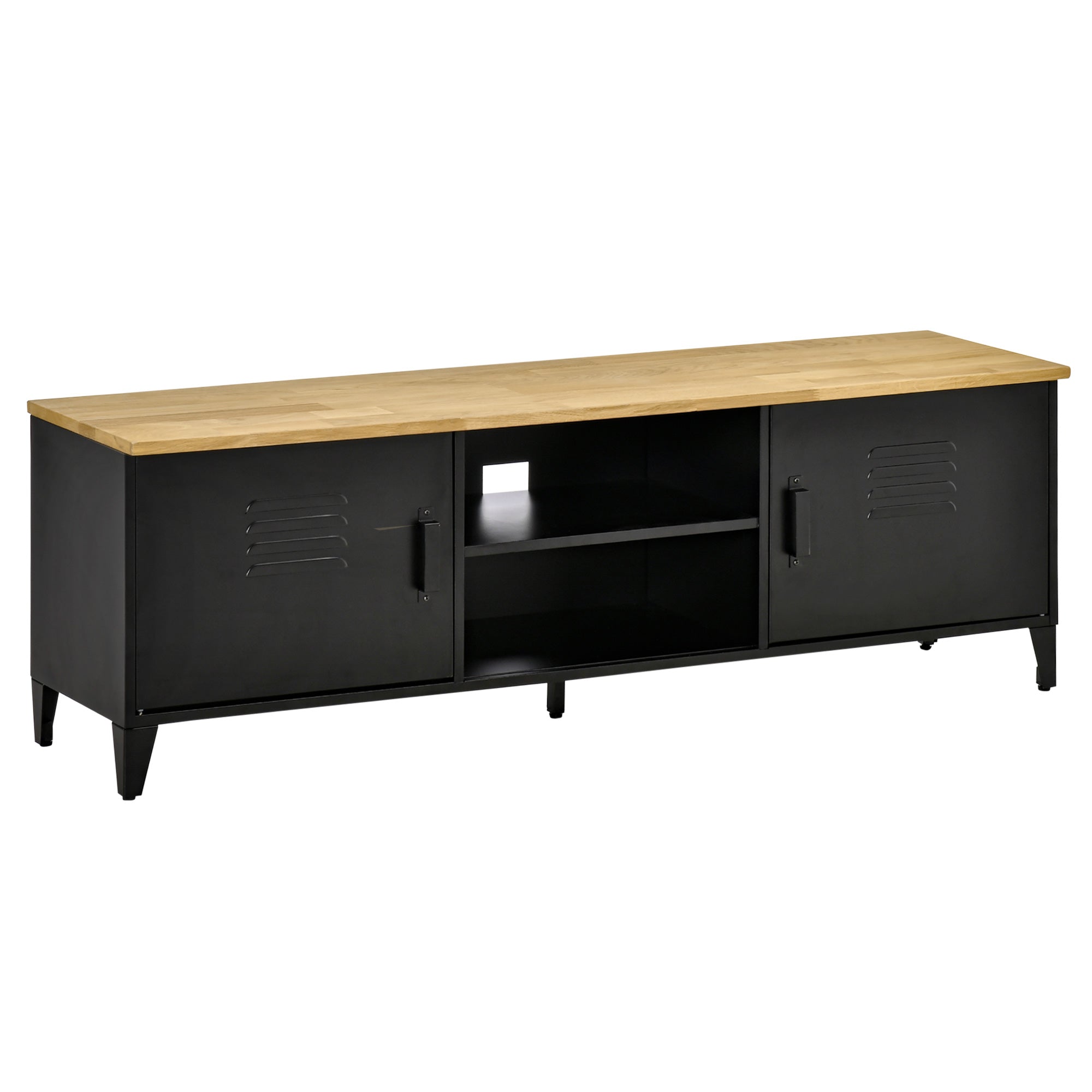 Meuble TV Banc TV pour téléviseurs de 55'' avec 2 Placards Pieds Réglables Cadre métalique noir Plateau en Bois Naturel 150 x 40 x 50 cm