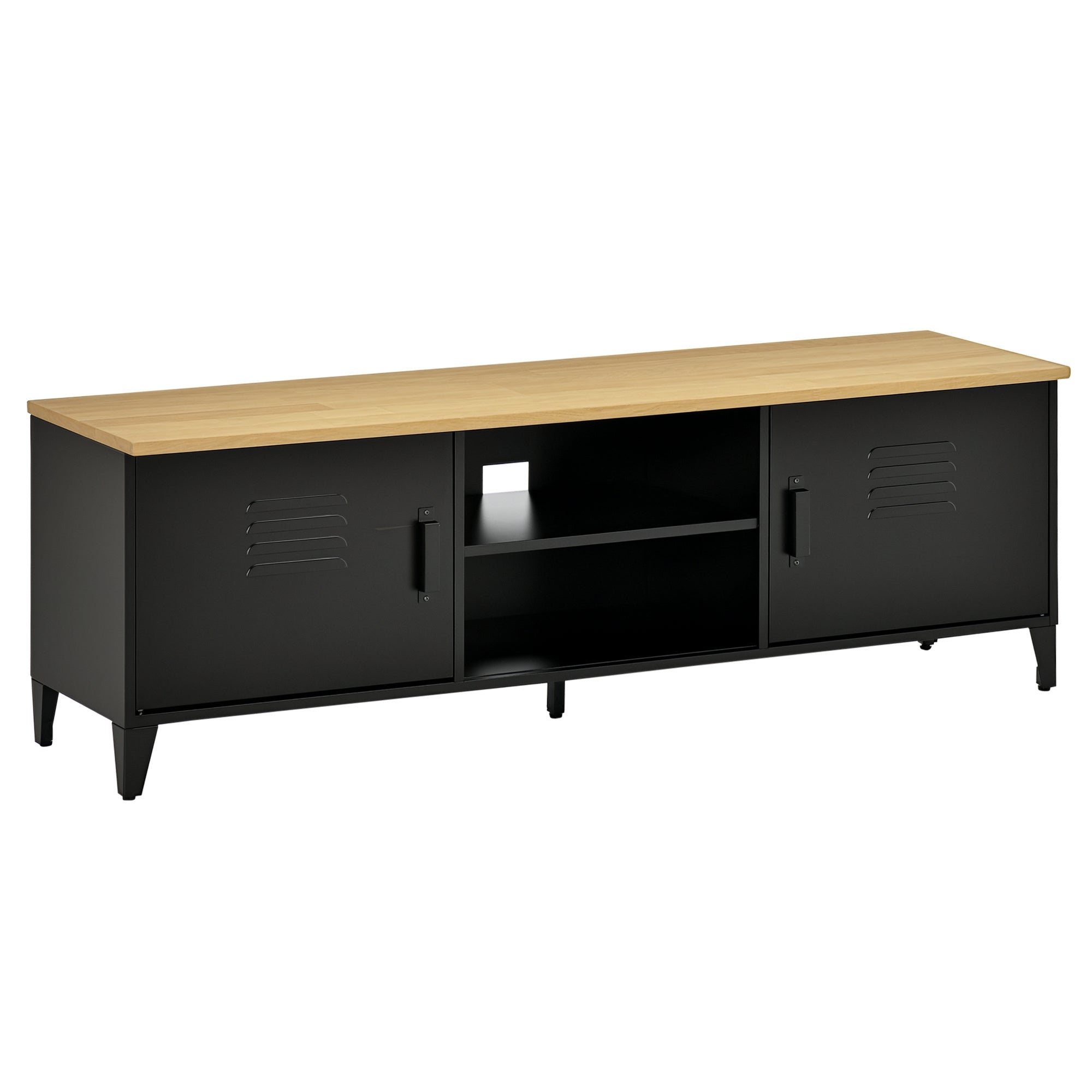 Meuble TV Banc TV pour téléviseurs de 55'' avec 2 Placards Pieds Réglables Cadre métalique noir Plateau en Bois Naturel 150 x 40 x 50 cm