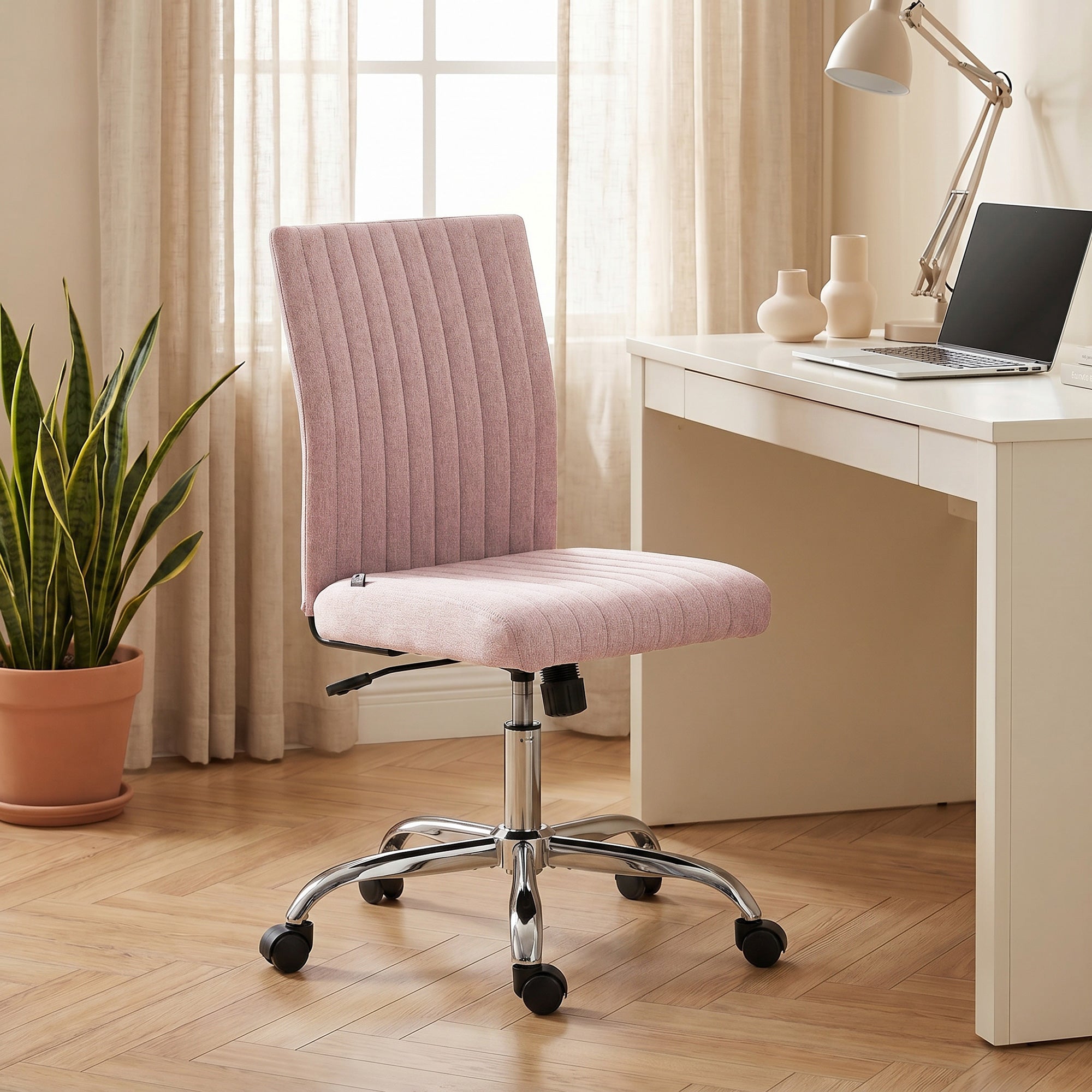 Chaise de bureau sans accoudoirs, fauteuil de bureau, hauteur réglable, fonction de bascule, dossier haut et pivotant 360°, chaise d'ordinateur moderne pour chambre, salon, rose