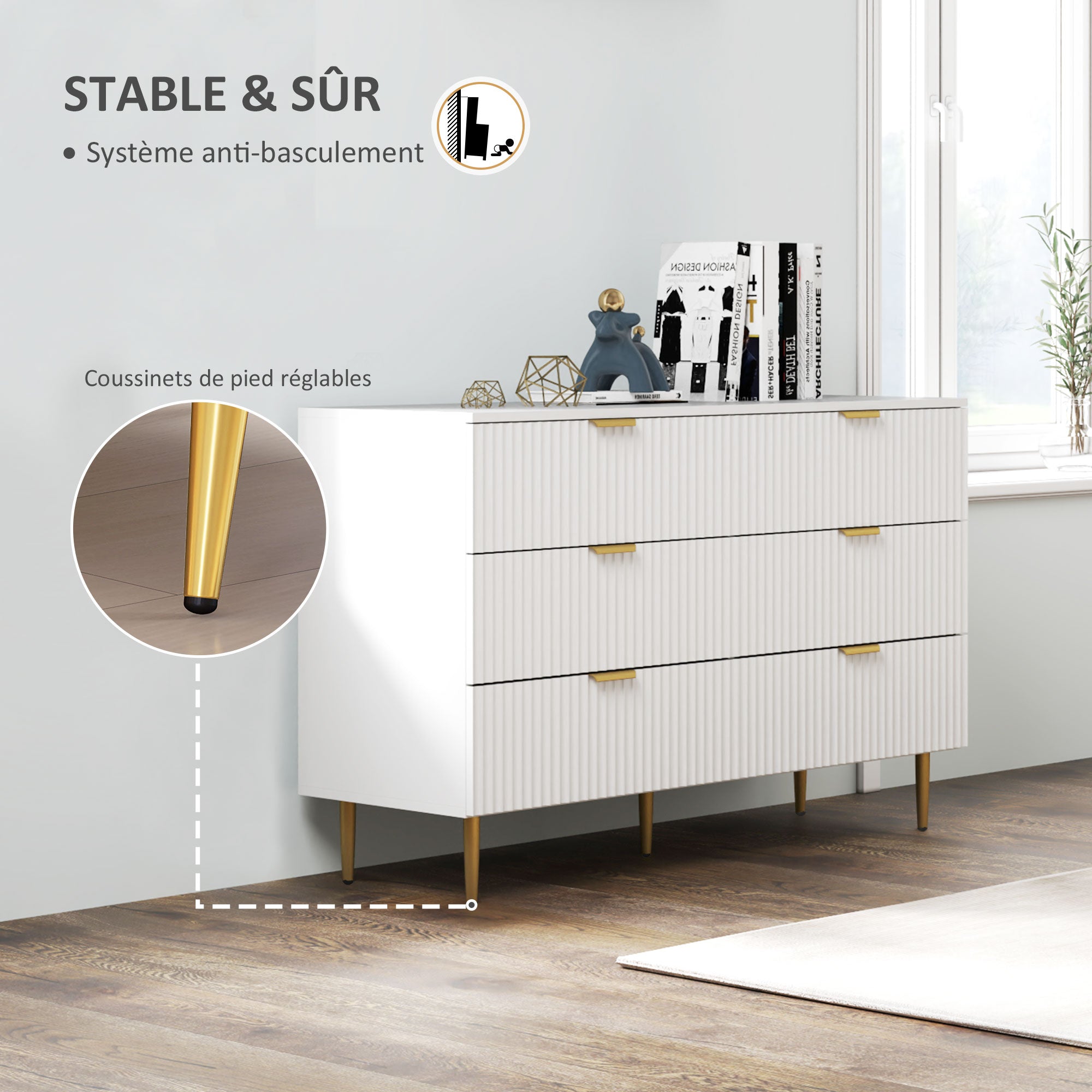 Commode 6 tiroirs commode chambre meuble de rangement moderne avec poignées et pieds dorés, pour chambre à coucher, salon, dim. 120 x 40 x 76,5 cm, blanc
