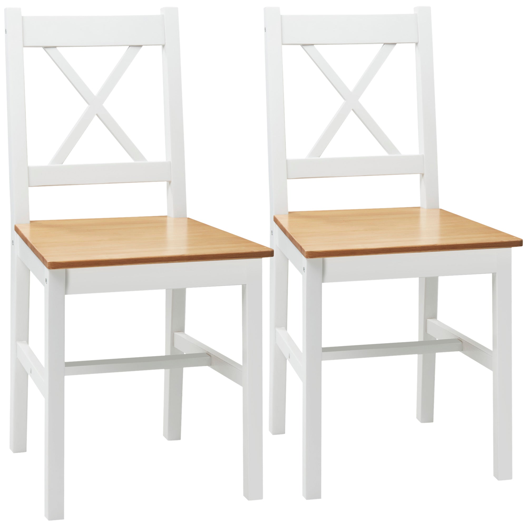 Lot de 2 chaises de salle à manger, chaises de cuisine, style maison de campagne, dossier haut, cadre en bois de pin, pour salon, chambre, cuisine, chêne et blanc