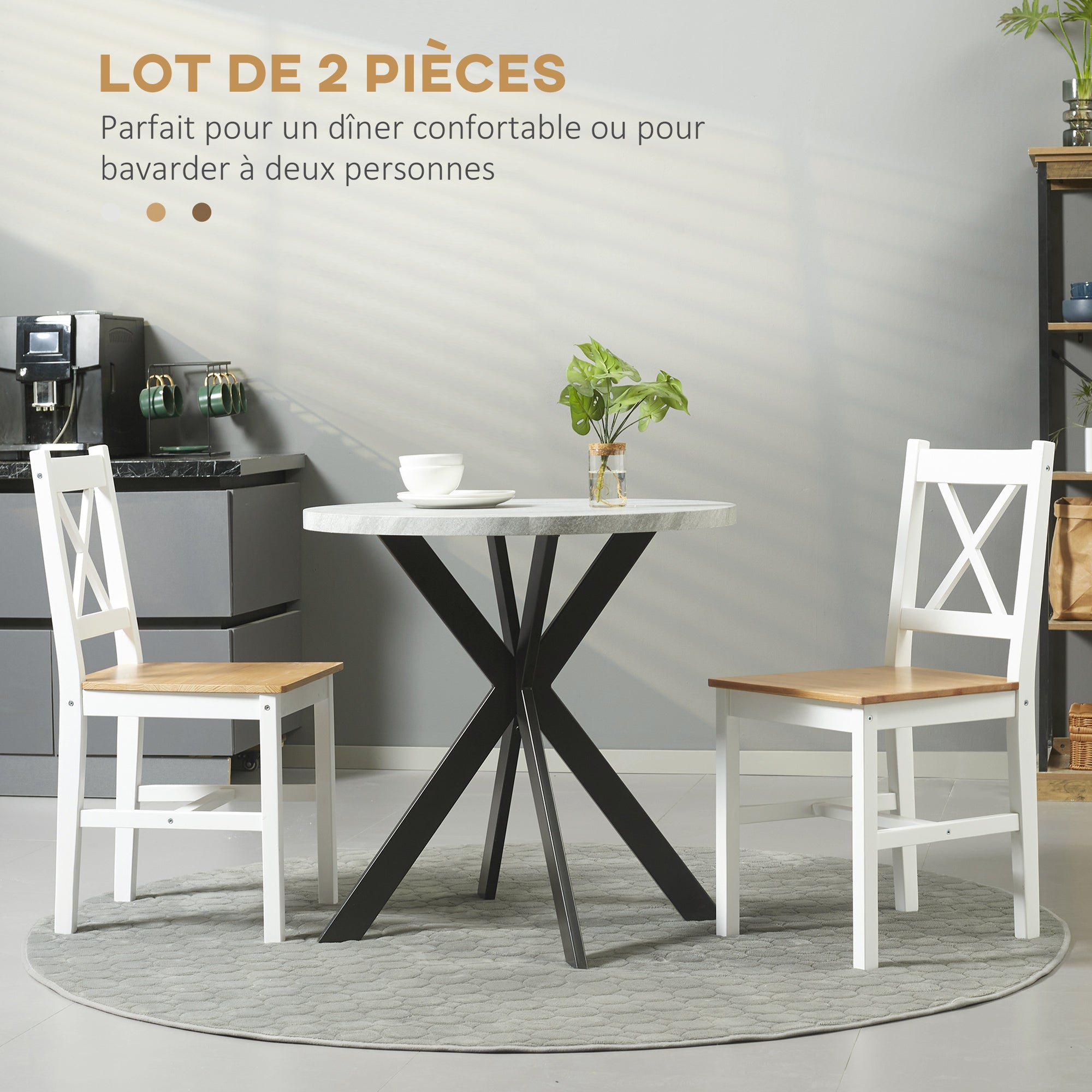 Lot de 2 chaises de salle à manger, chaises de cuisine, style maison de campagne, dossier haut, cadre en bois de pin, pour salon, chambre, cuisine, chêne et blanc