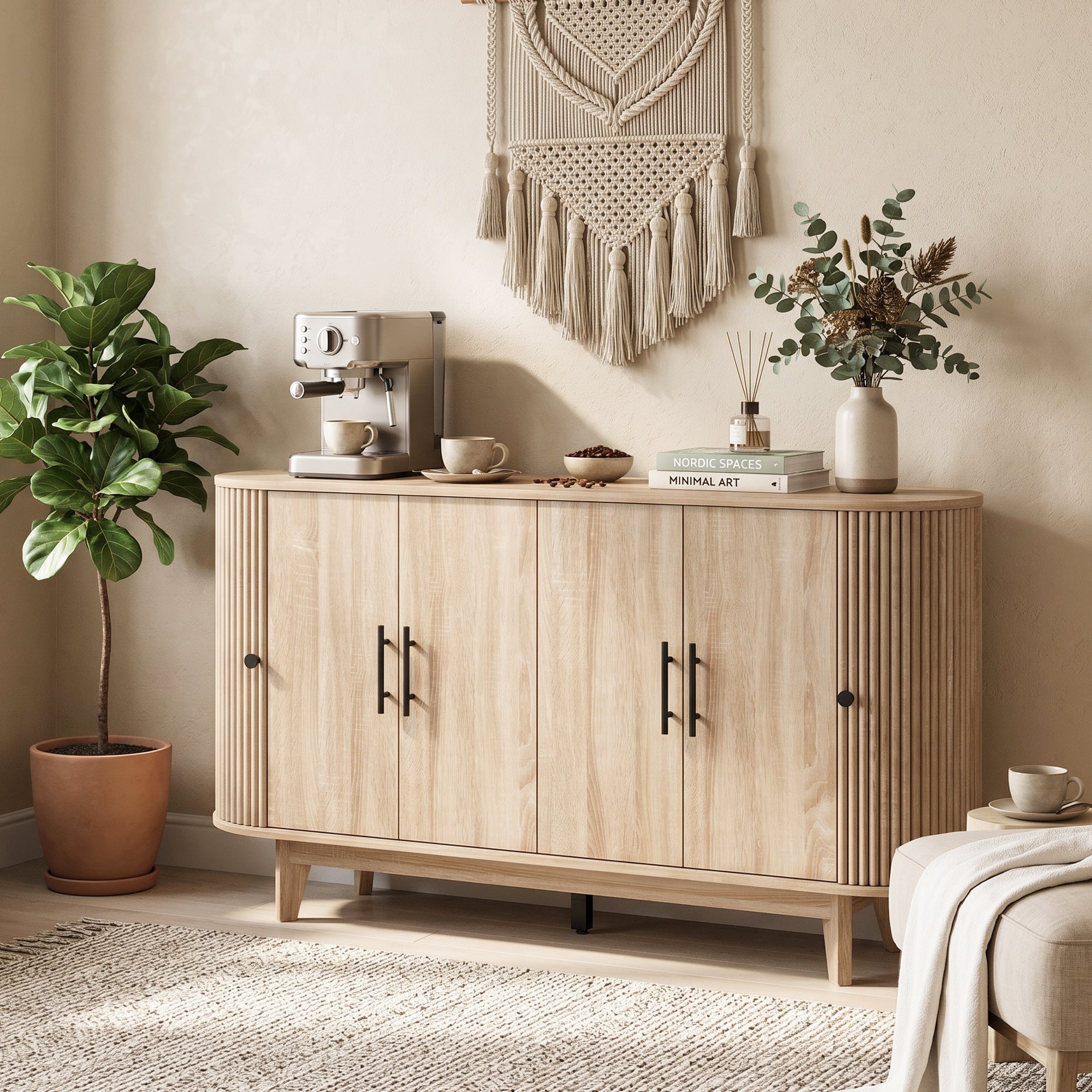 Buffet salon, meuble de rangement ovale avec 4 portes et 2 étagères réglables, meuble TV jusqu'à 65 pouces, style moderne, buffet salle à manger et cuisine, 147x40x76cm, chêne