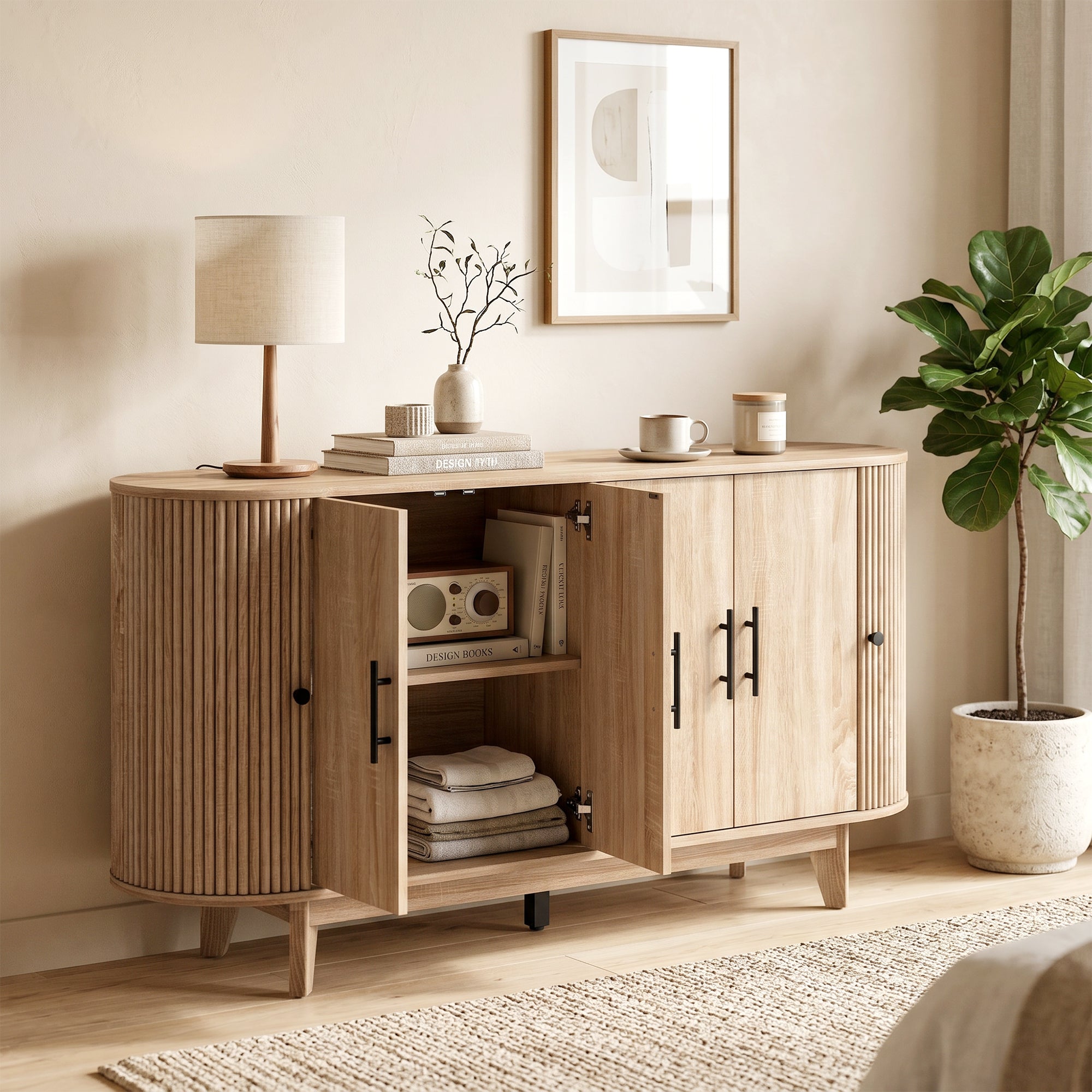 Buffet salon, meuble de rangement ovale avec 4 portes et 2 étagères réglables, meuble TV jusqu'à 65 pouces, style moderne, buffet salle à manger et cuisine, 147x40x76cm, chêne