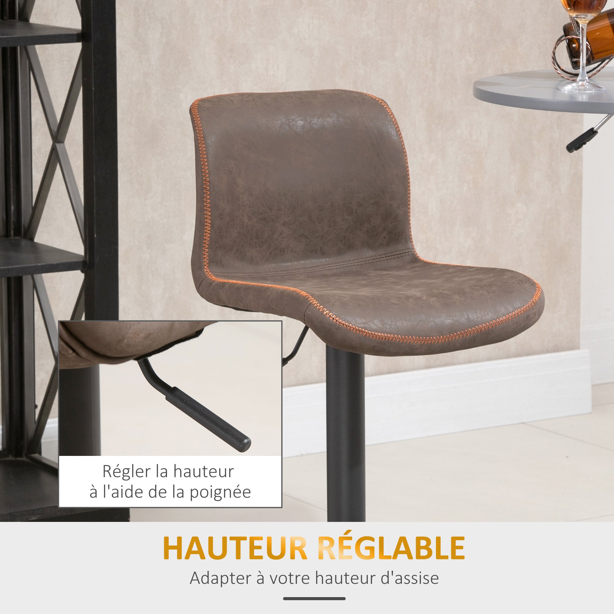Lot de 2 tabourets de Bar Vintage réglable pivotant avec Repose-Pied PU Marron surpiqûre Orange
