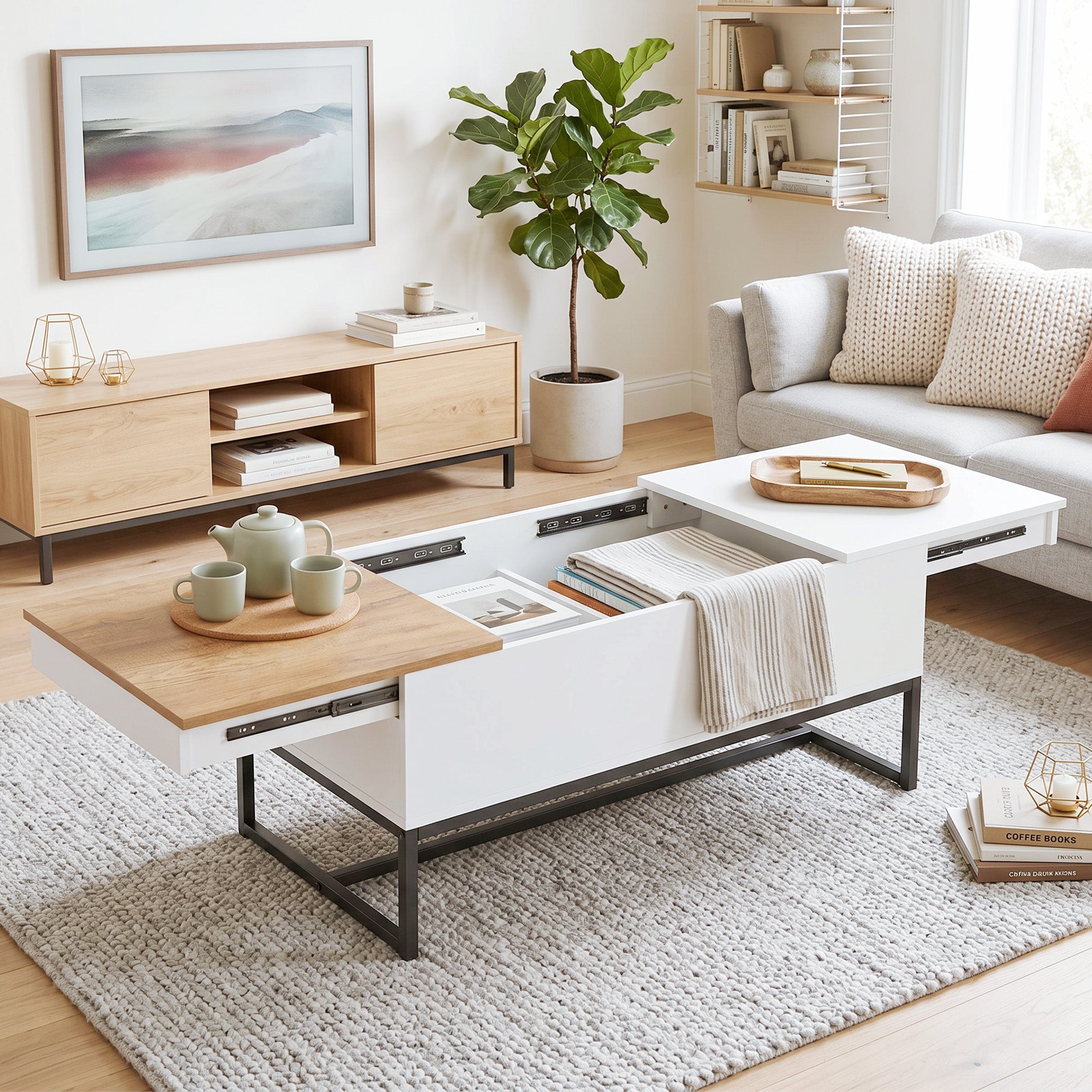 Table Basse Extensible avec Plateau Coulissant, Table de Salon avec Rangement Caché et Pieds en Acier, Style Moderne, pour Chambre, Séjour et Bureau, 100 x 50 x 45 cm, Blanc
