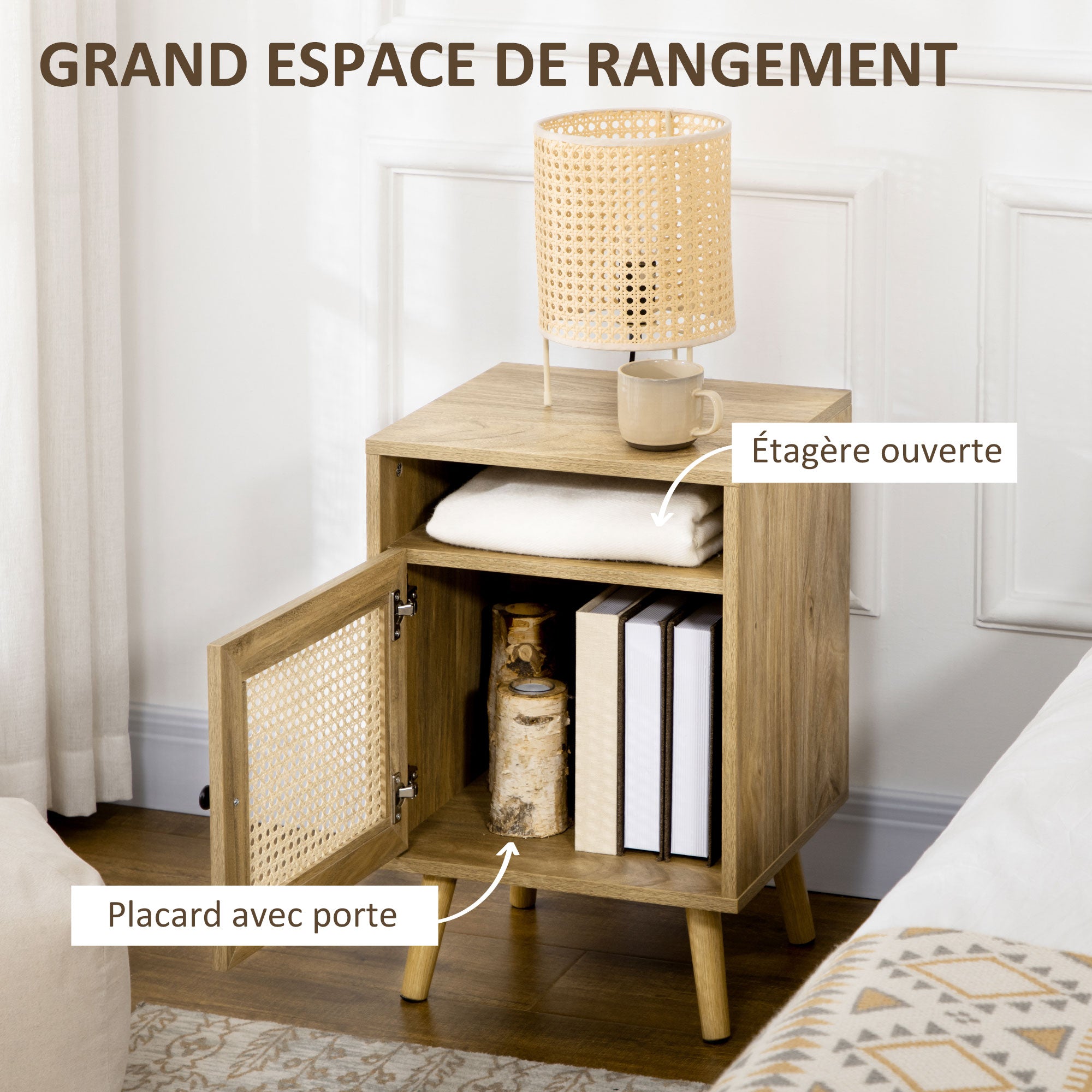 Table de chevet table de nuit avec placard porte cannage et niche design vintage 39 x 35 x 60 cm naturel
