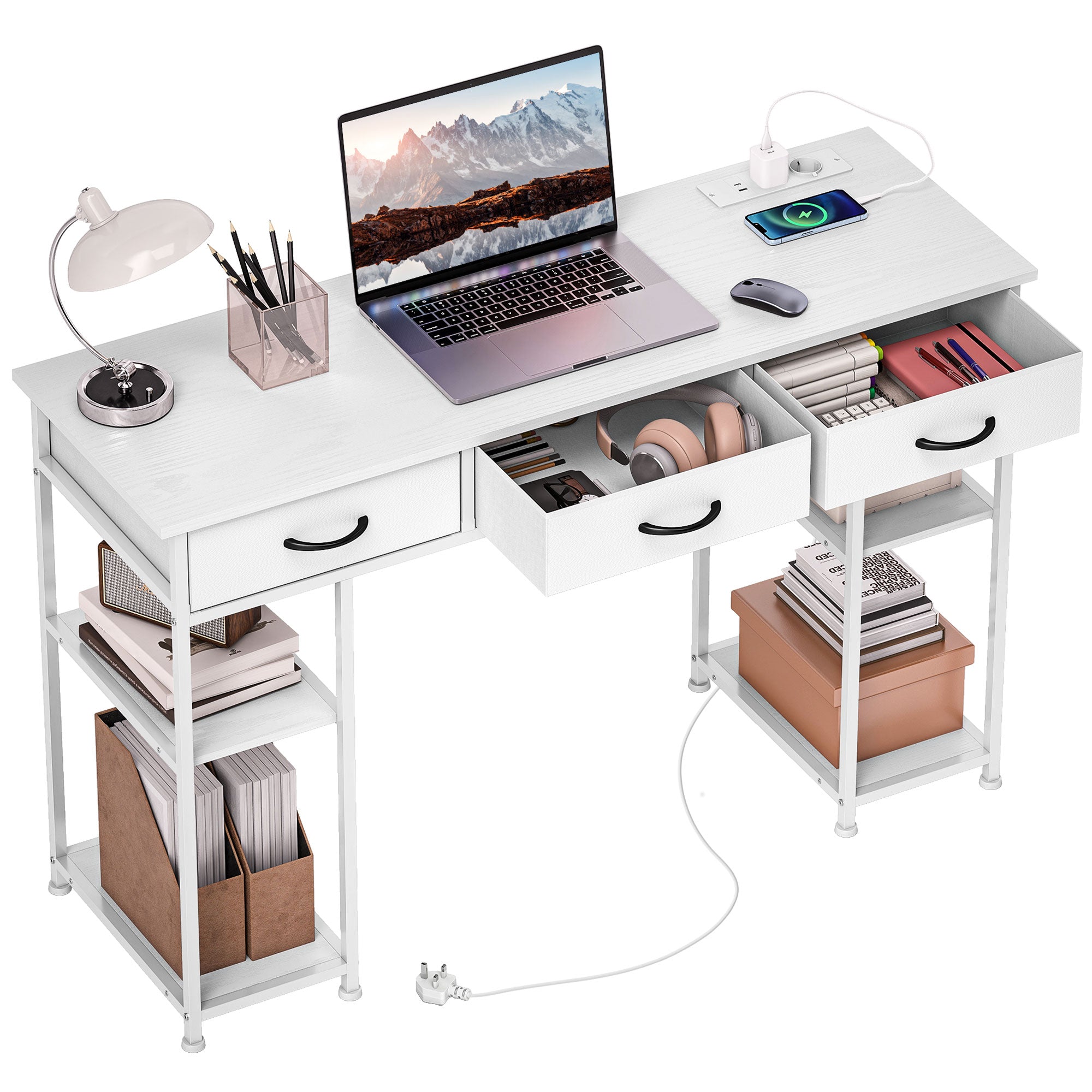 Bureau d'ordinateur avec 2 prises de charge USB et 2 prises de courant, bureau avec rangement 120 x 40 cm, étagères réglables et 3 tiroirs en tissu, poste de travail, cadre en acier, blanc