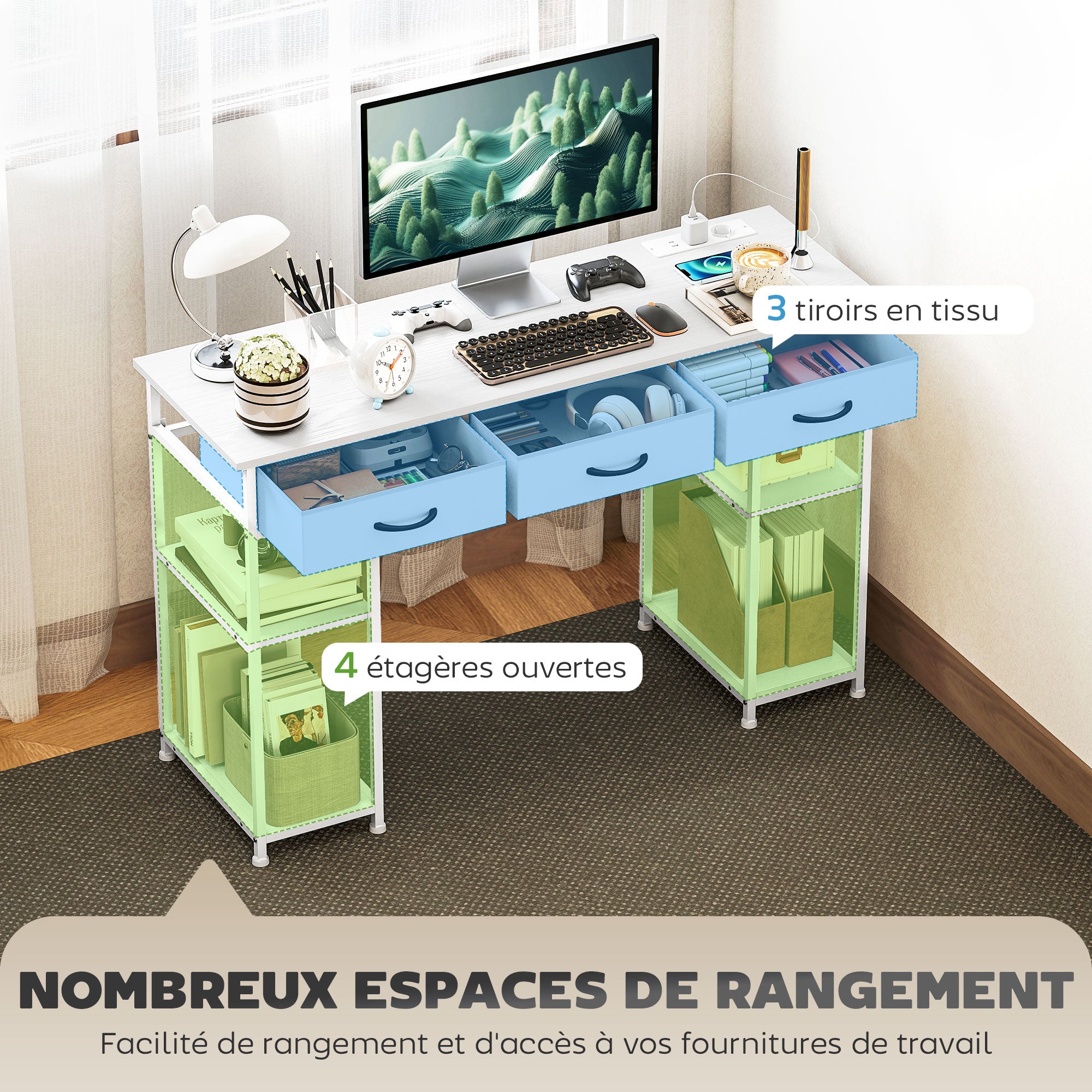 Bureau d'ordinateur avec 2 prises de charge USB et 2 prises de courant, bureau avec rangement 120 x 40 cm, étagères réglables et 3 tiroirs en tissu, poste de travail, cadre en acier, blanc