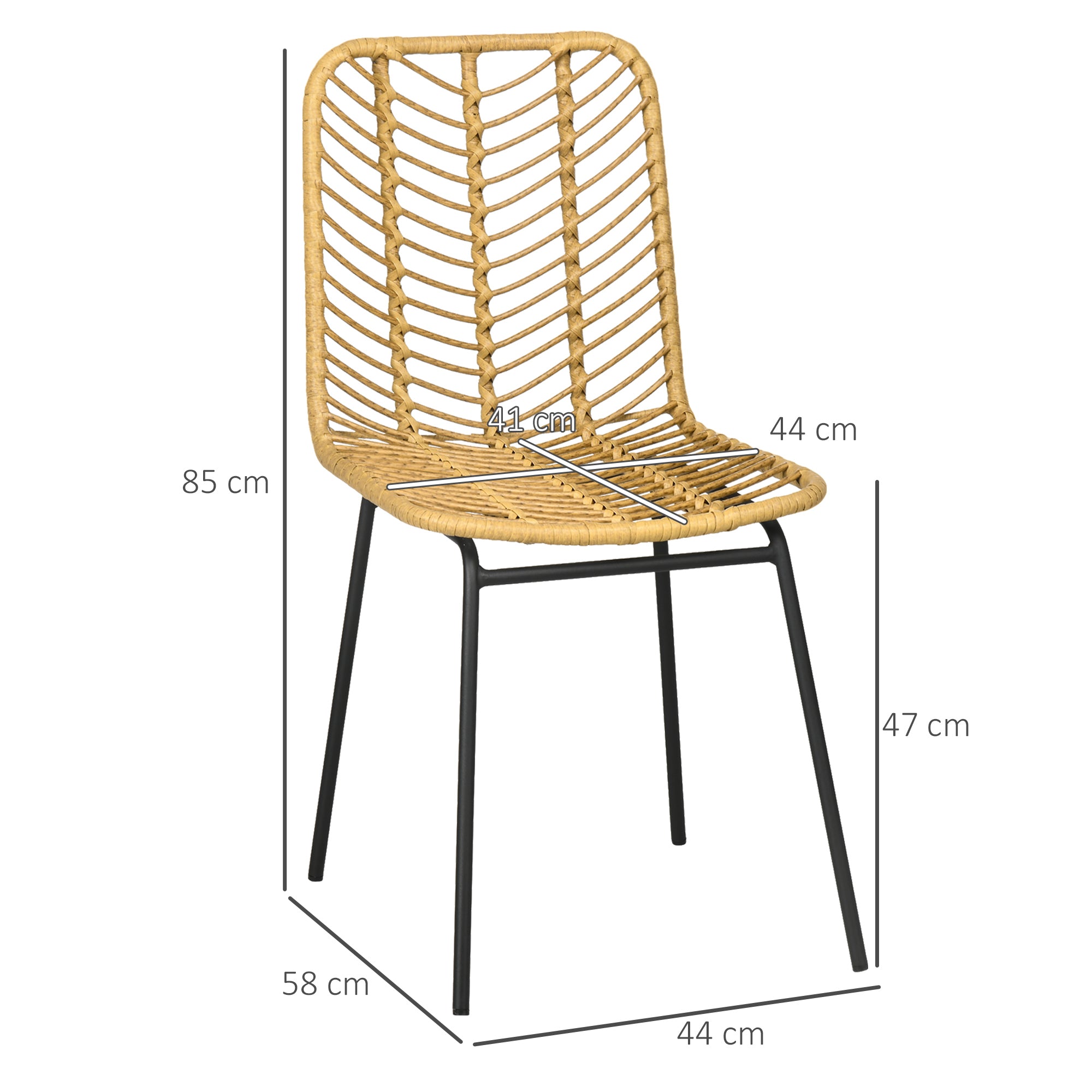 Lot de 2 chaises de salle à manger chaise de cuisine design bohème en résine tressée imitation rotin et piètement métal - 44 x 58 x 85 cm - jaune