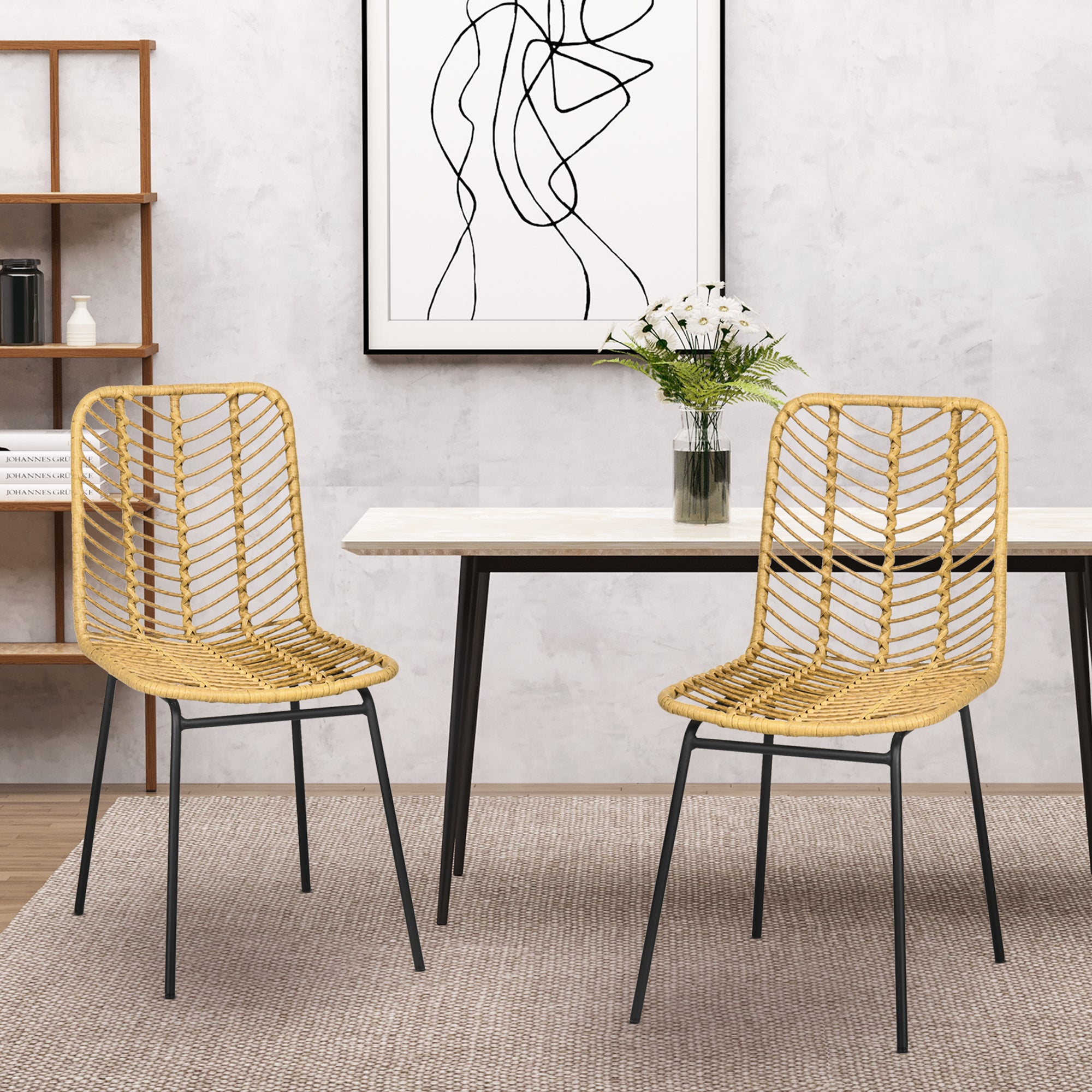 Lot de 2 chaises de salle à manger chaise de cuisine design bohème en résine tressée imitation rotin et piètement métal - 44 x 58 x 85 cm - jaune