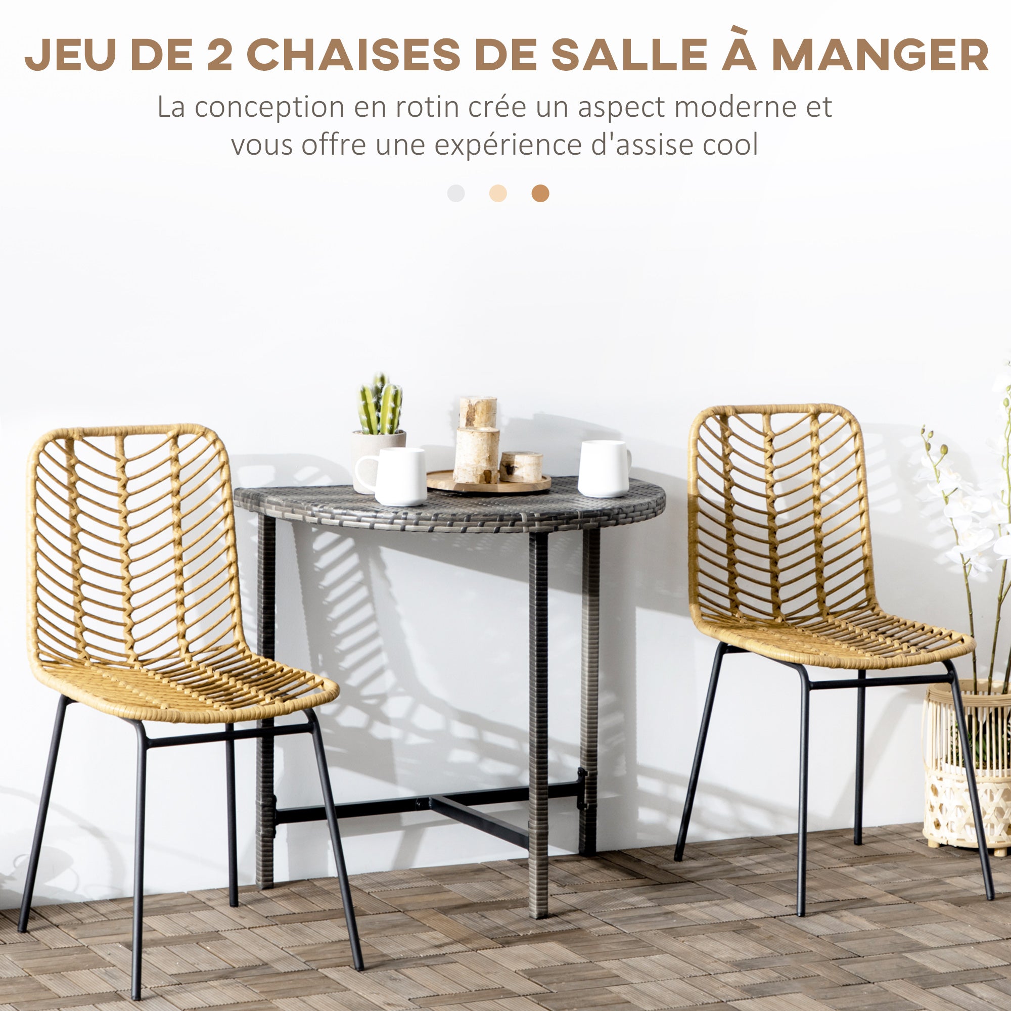 Lot de 2 chaises de salle à manger chaise de cuisine design bohème en résine tressée imitation rotin et piètement métal - 44 x 58 x 85 cm - jaune