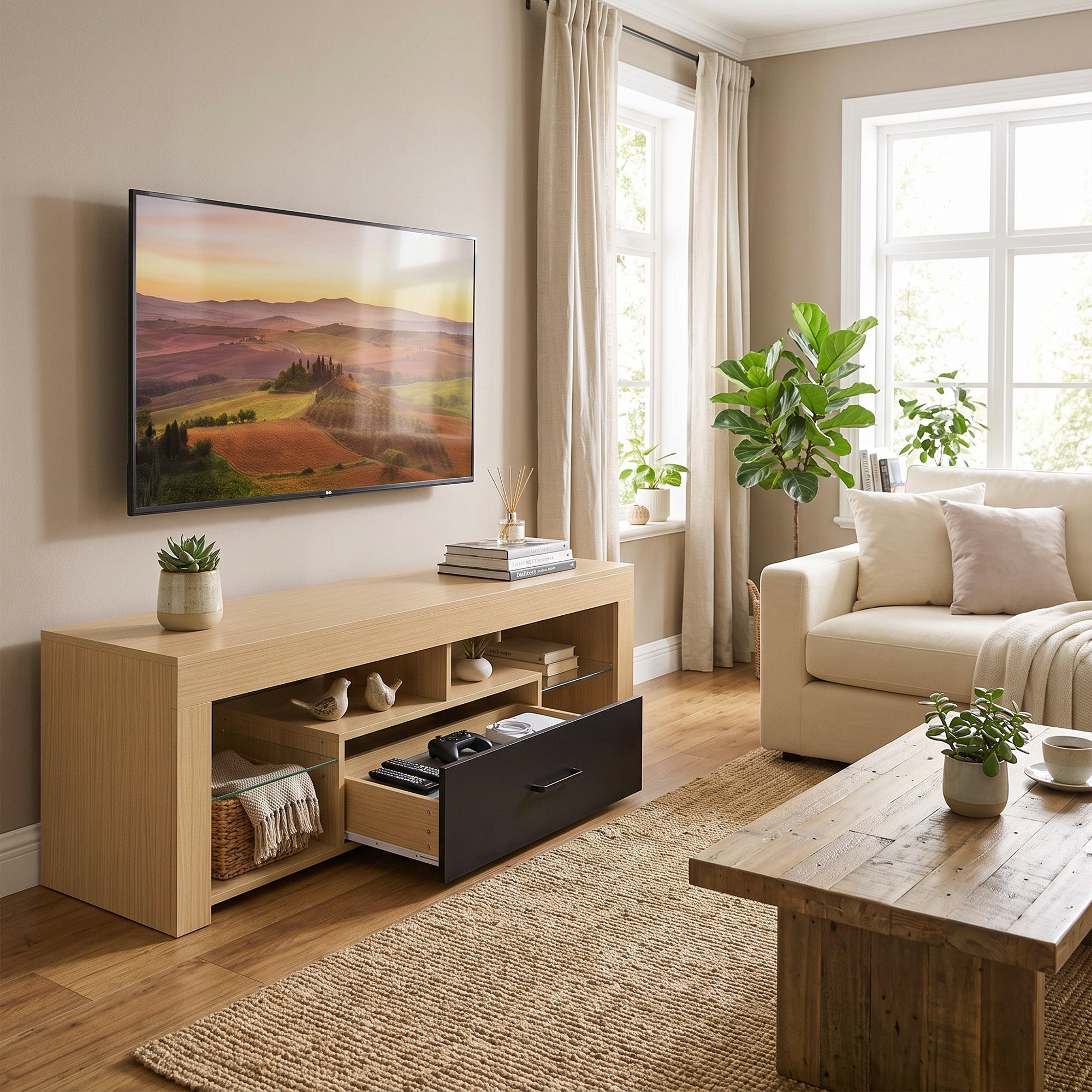Meuble TV 140 cm, Meuble Télé pour Téléviseur jusqu'à 65 Pouces avec Étagères en Verre Réglables, Tiroir et Compartiments Ouverts, Banc TV Moderne pour Salon, Chambre à Coucher, Chêne