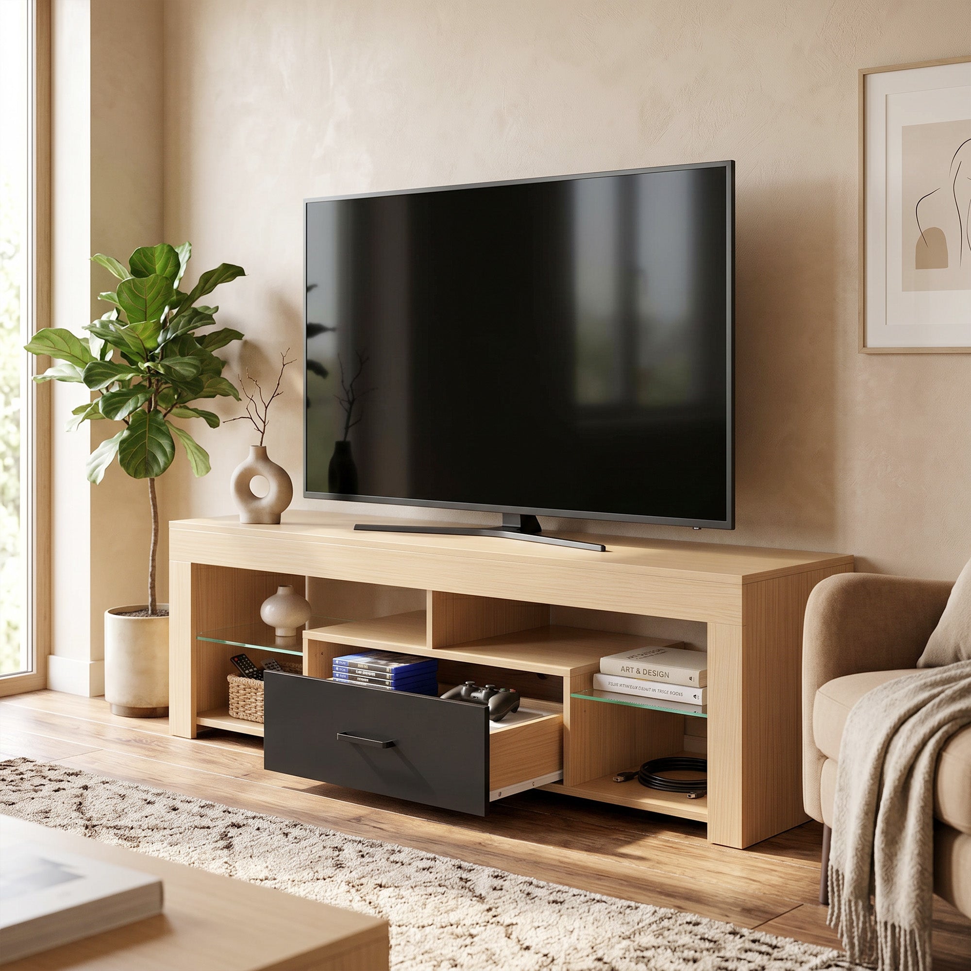 Meuble TV 140 cm, Meuble Télé pour Téléviseur jusqu'à 65 Pouces avec Étagères en Verre Réglables, Tiroir et Compartiments Ouverts, Banc TV Moderne pour Salon, Chambre à Coucher, Chêne