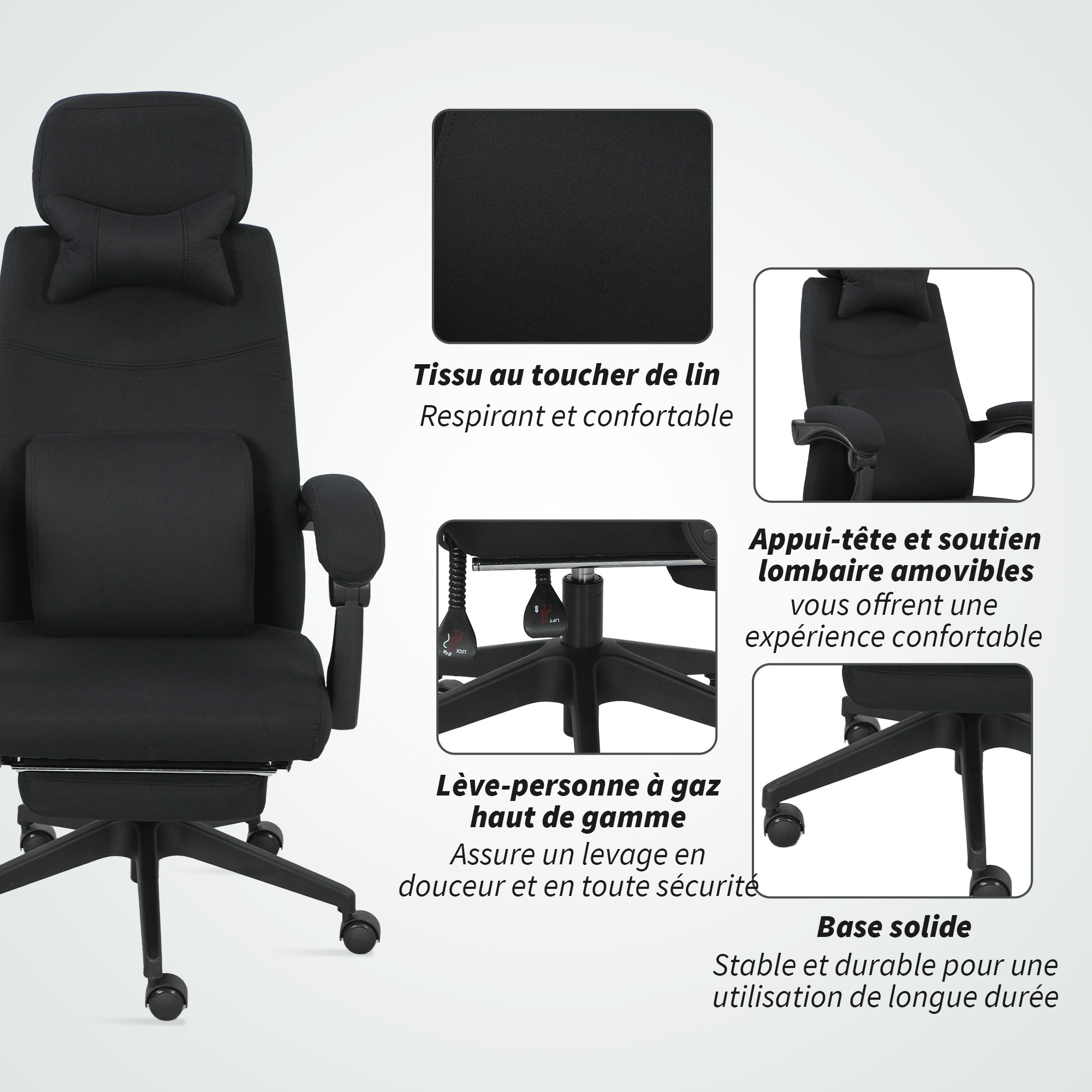 Fauteuil de bureau chaise de bureau grand confort dossier réglable repose-pied roulettes 360° lin 62 x 68 x 127 cm noir