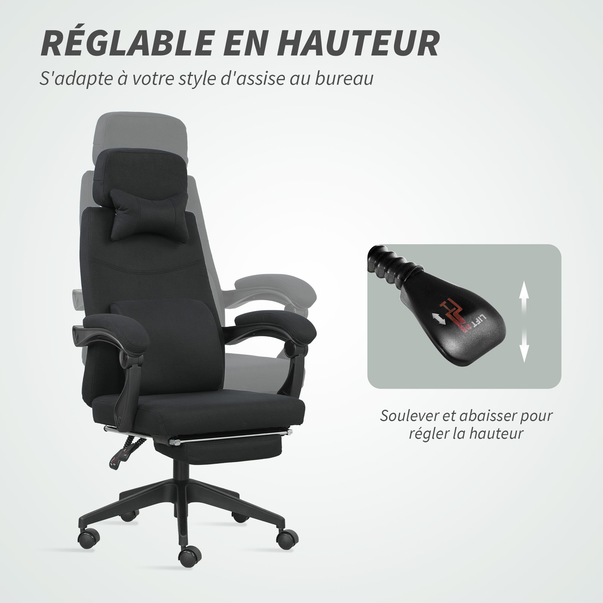Fauteuil de bureau chaise de bureau grand confort dossier réglable repose-pied roulettes 360° lin 62 x 68 x 127 cm noir