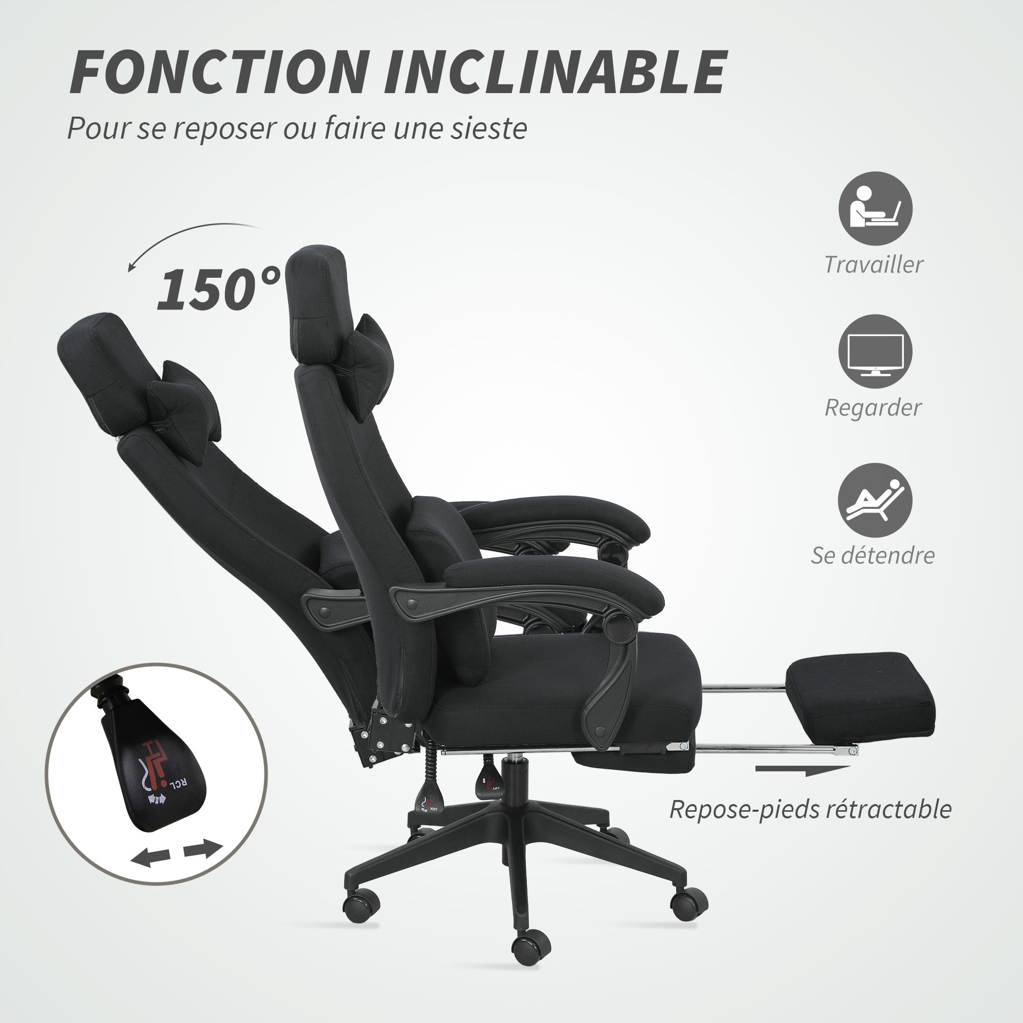 Fauteuil de bureau chaise de bureau grand confort dossier réglable repose-pied roulettes 360° lin 62 x 68 x 127 cm noir