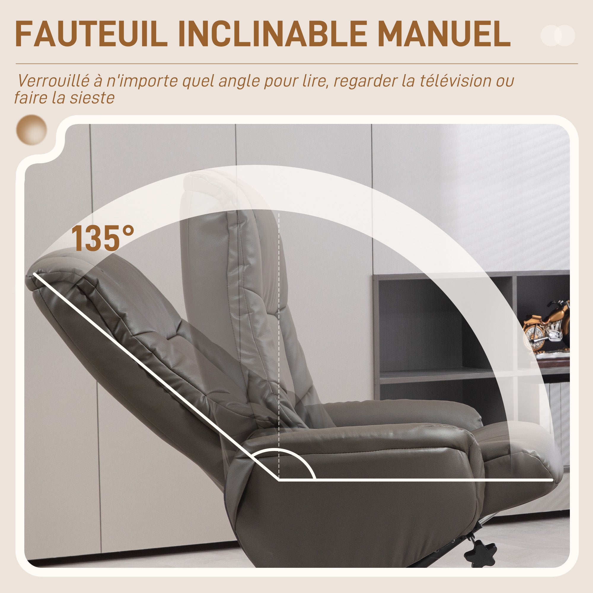 Fauteuil de relaxation avec repose-pied, fauteuil relax salon, dossier à bascule, fauteuil inclinable, assise rembourrée, revêtement synthétique, cadre en bois massif, design contemporain, gris