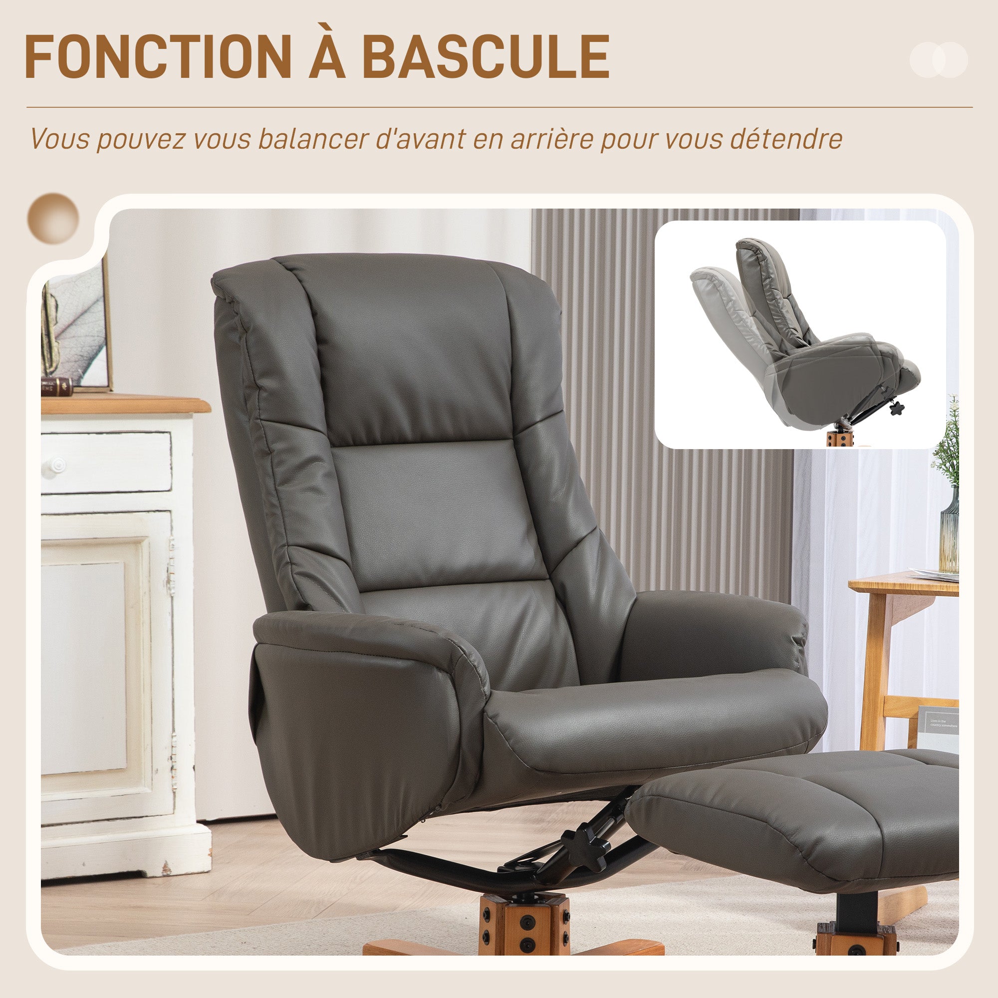Fauteuil de relaxation avec repose-pied, fauteuil relax salon, dossier à bascule, fauteuil inclinable, assise rembourrée, revêtement synthétique, cadre en bois massif, design contemporain, gris