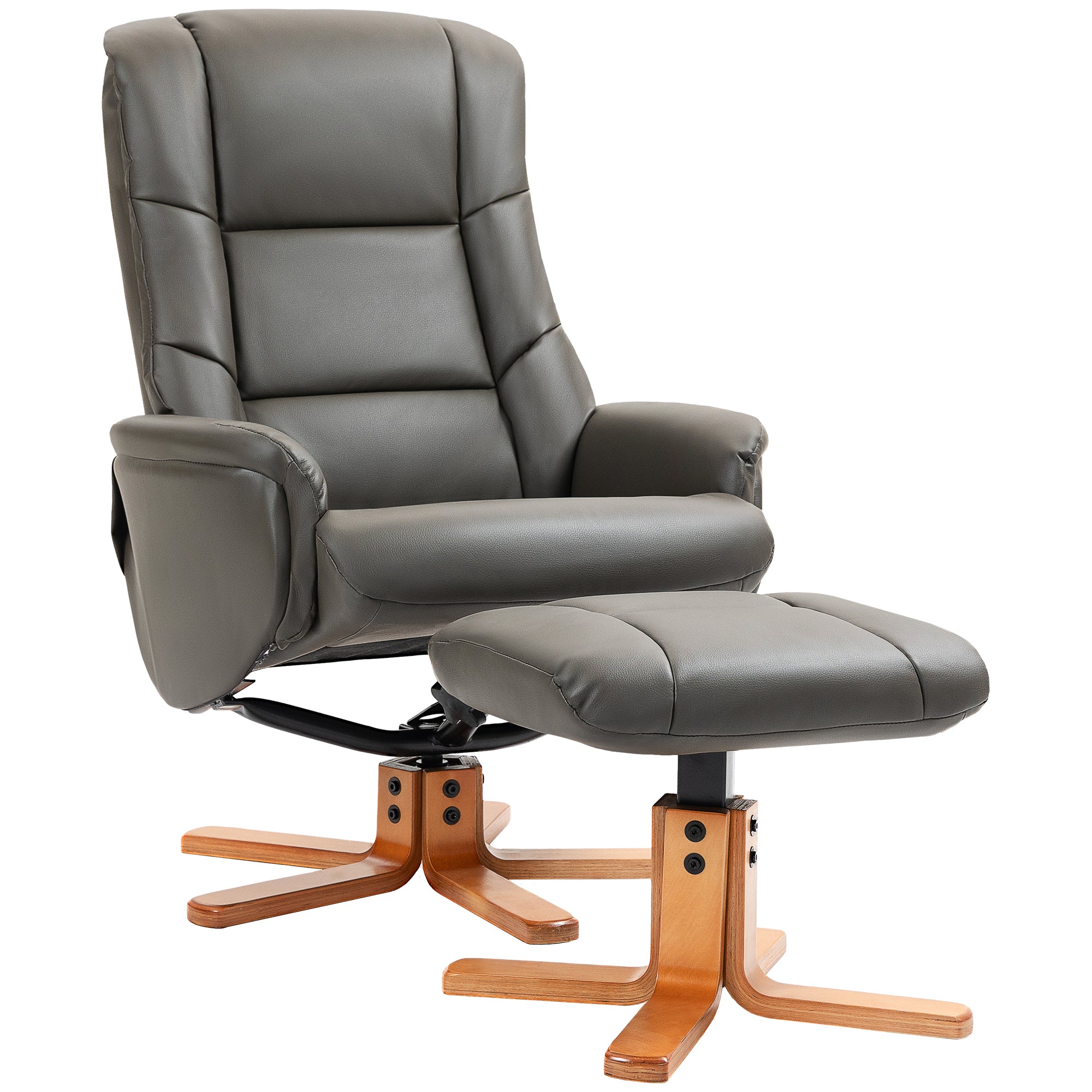 Fauteuil de relaxation avec repose-pied, fauteuil relax salon, dossier à bascule, fauteuil inclinable, assise rembourrée, revêtement synthétique, cadre en bois massif, design contemporain, gris