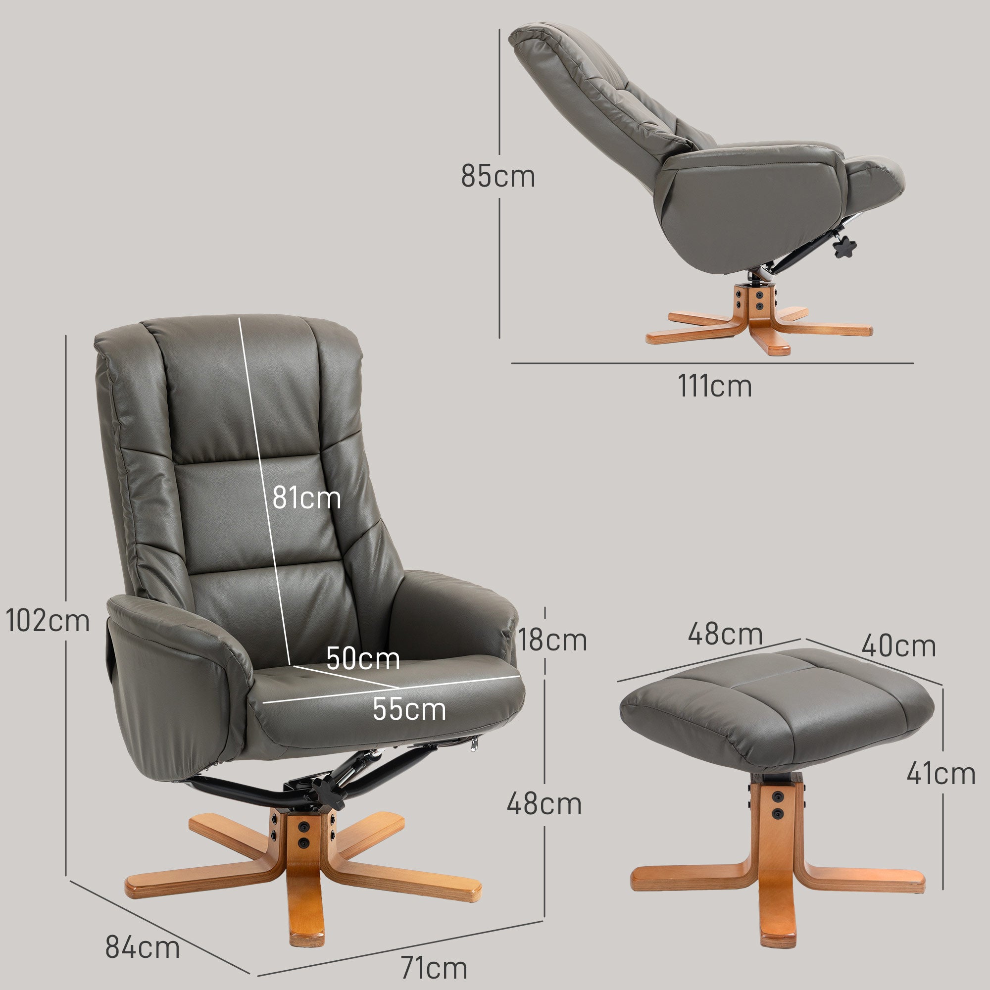 Fauteuil de relaxation avec repose-pied, fauteuil relax salon, dossier à bascule, fauteuil inclinable, assise rembourrée, revêtement synthétique, cadre en bois massif, design contemporain, gris