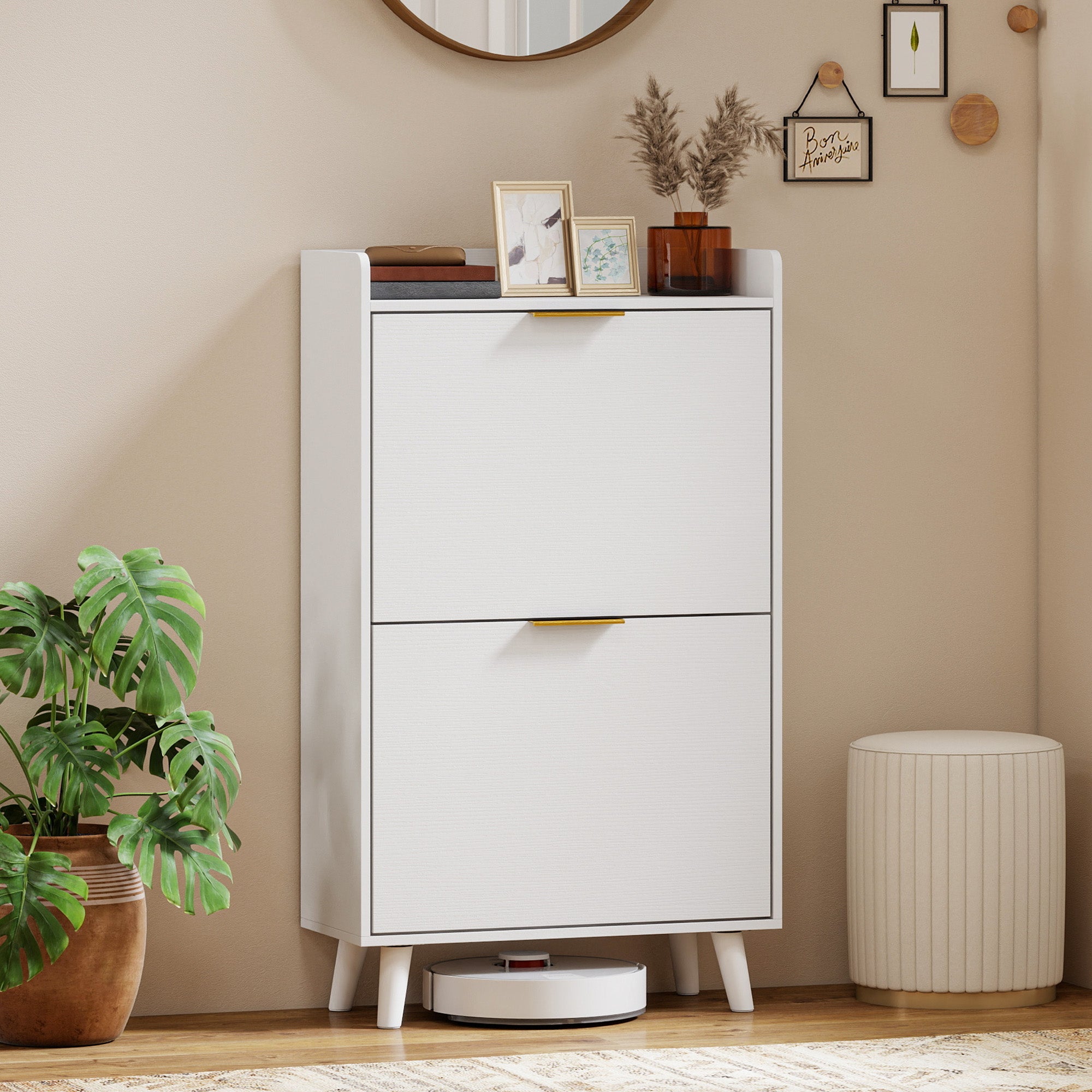 Meuble à chaussures 12 paires, armoire à chaussures étroite avec 2 tiroirs rabattables, étagères réglables et plateau supérieur, pieds en bois d'hévéa, pour couloir, entrée, 70x30x120cm, blanc