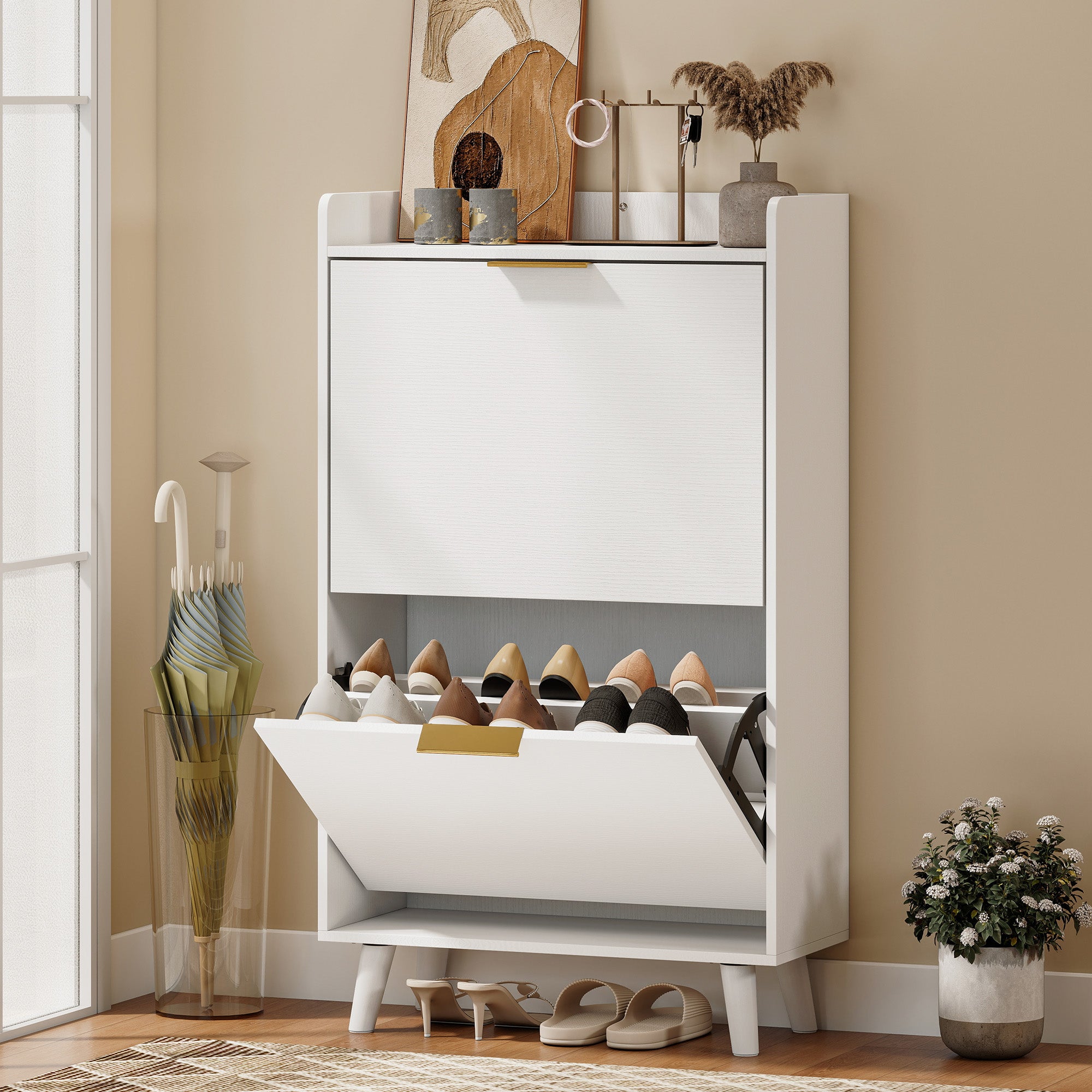 Meuble à chaussures 12 paires, armoire à chaussures étroite avec 2 tiroirs rabattables, étagères réglables et plateau supérieur, pieds en bois d'hévéa, pour couloir, entrée, 70x30x120cm, blanc
