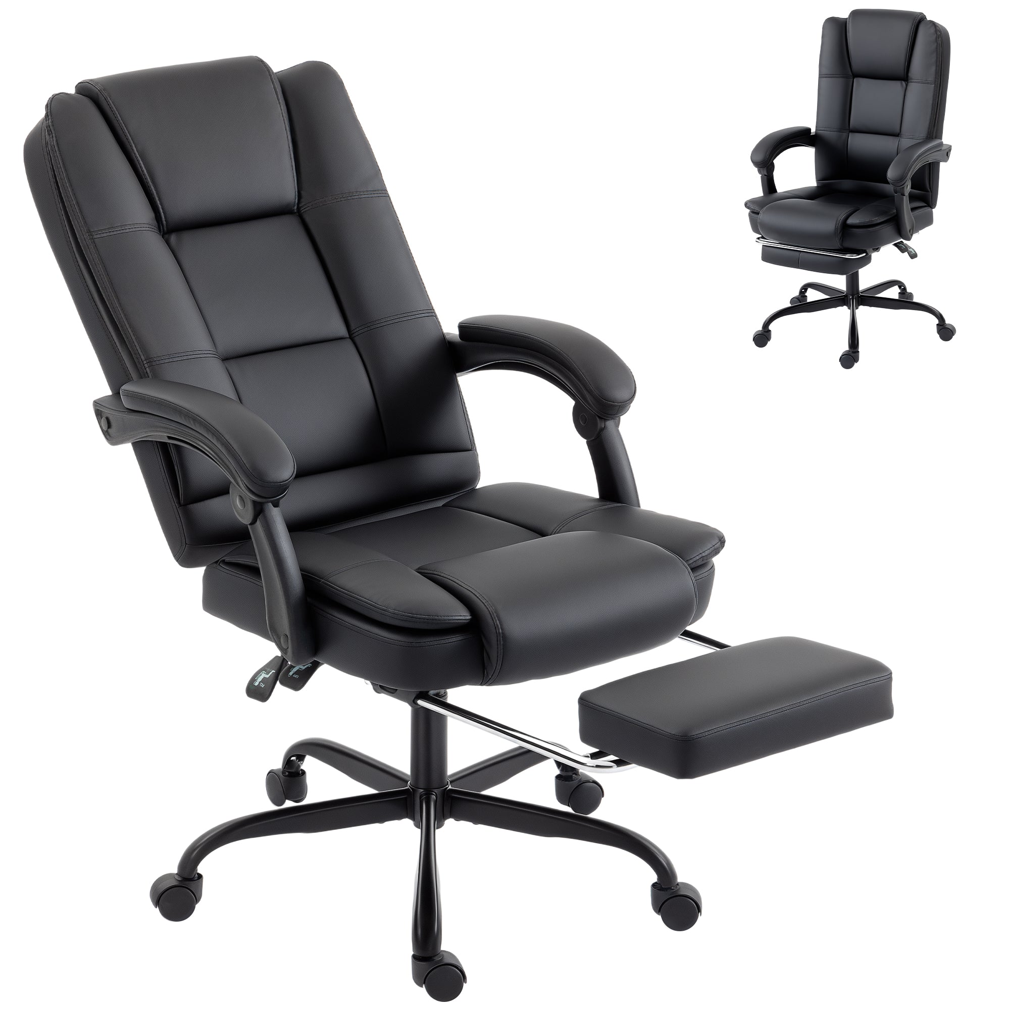 Chaise de Bureau Ergonomique, Fauteuil de Bureau Inclinable en PU avec Repose-Pieds Rétractable, Hauteur Réglable, Dossier Haut, Coussin Épais, Accoudoirs Liés, Pivotant 360°, Noir