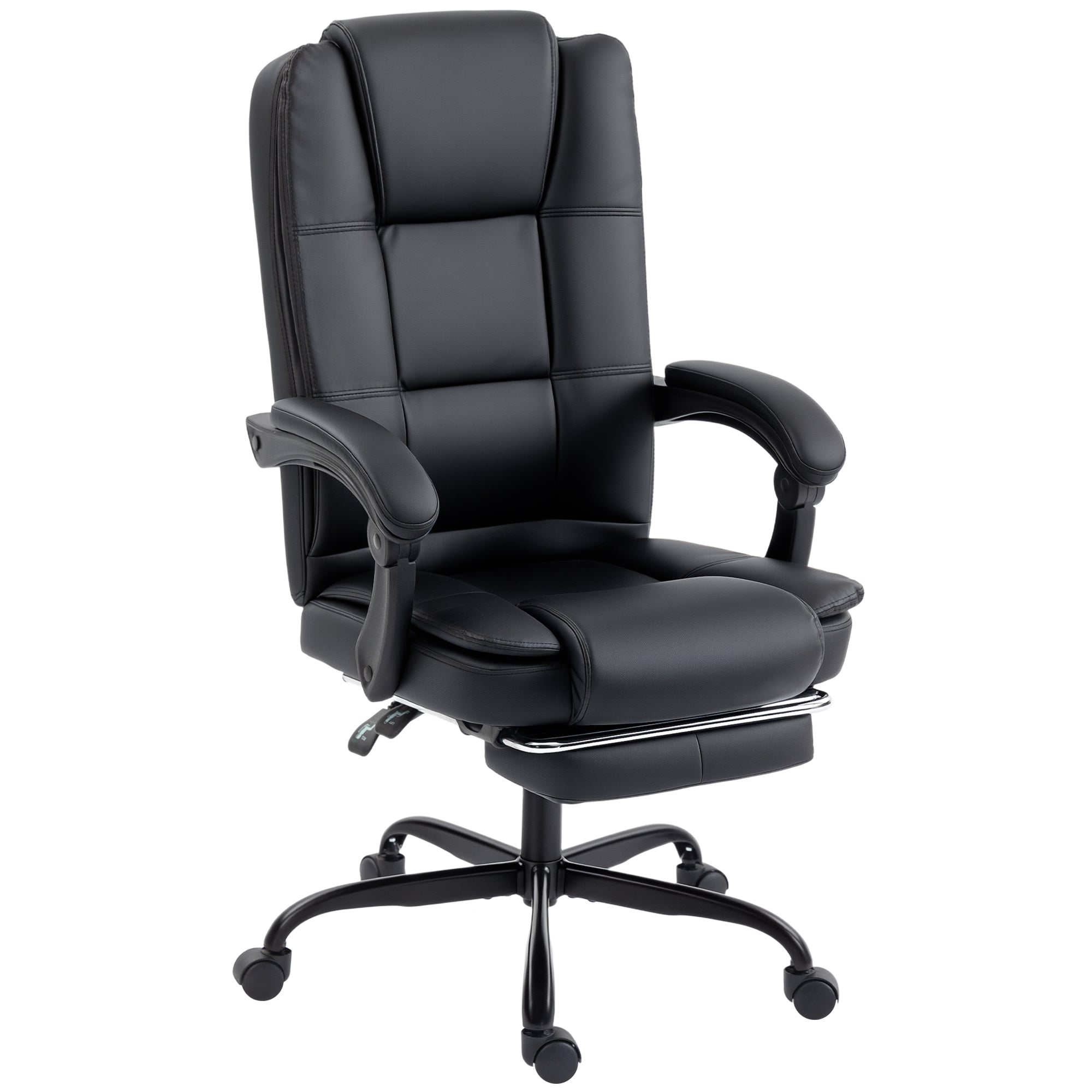 Chaise de Bureau Ergonomique, Fauteuil de Bureau Inclinable en PU avec Repose-Pieds Rétractable, Hauteur Réglable, Dossier Haut, Coussin Épais, Accoudoirs Liés, Pivotant 360°, Noir