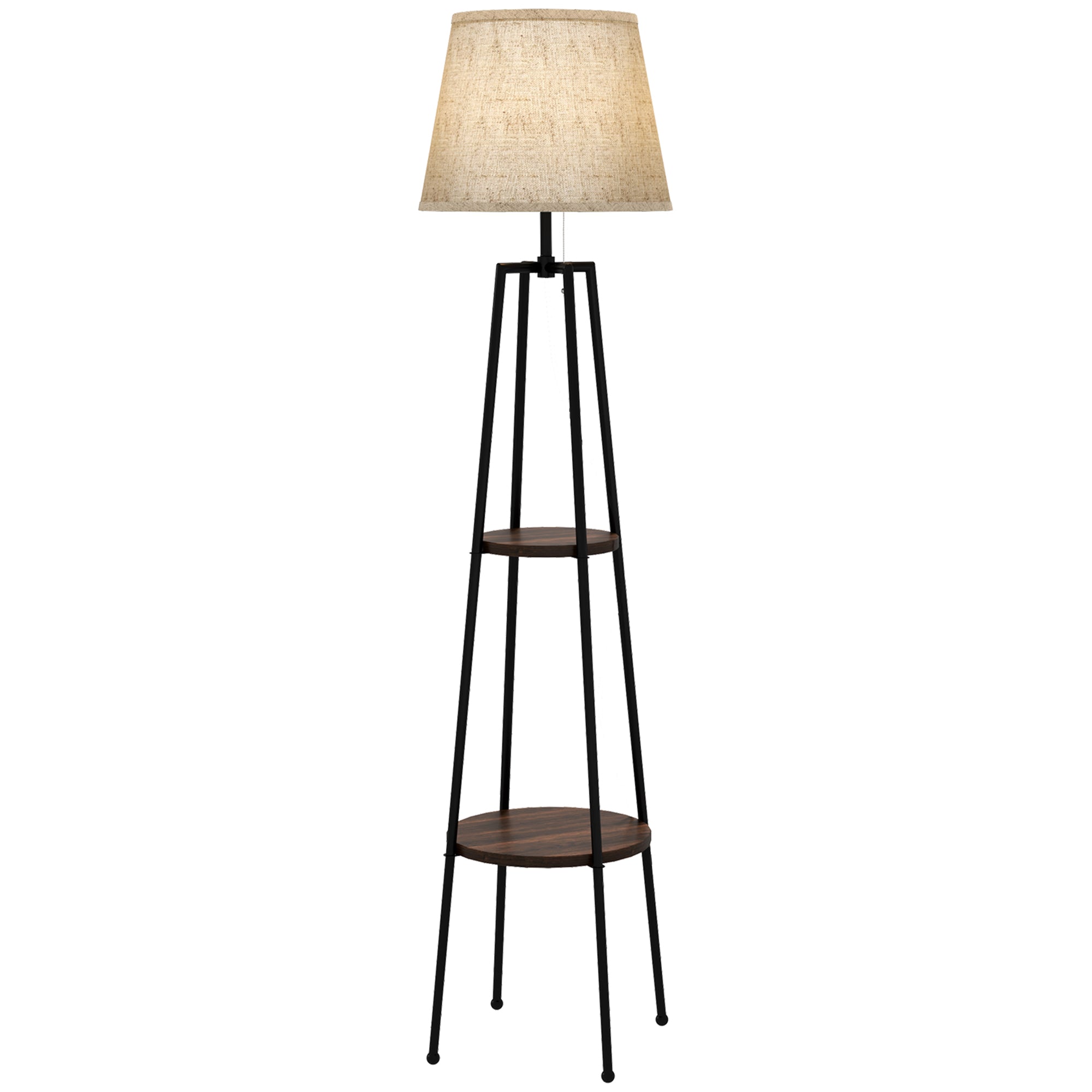 Lampadaire, lampe de salon sur pied, 2 étagères de rangement, douille E27, 40 W, interrupteur à tirette inclus, abat-jour tissu, métal, design moderne, noir marron