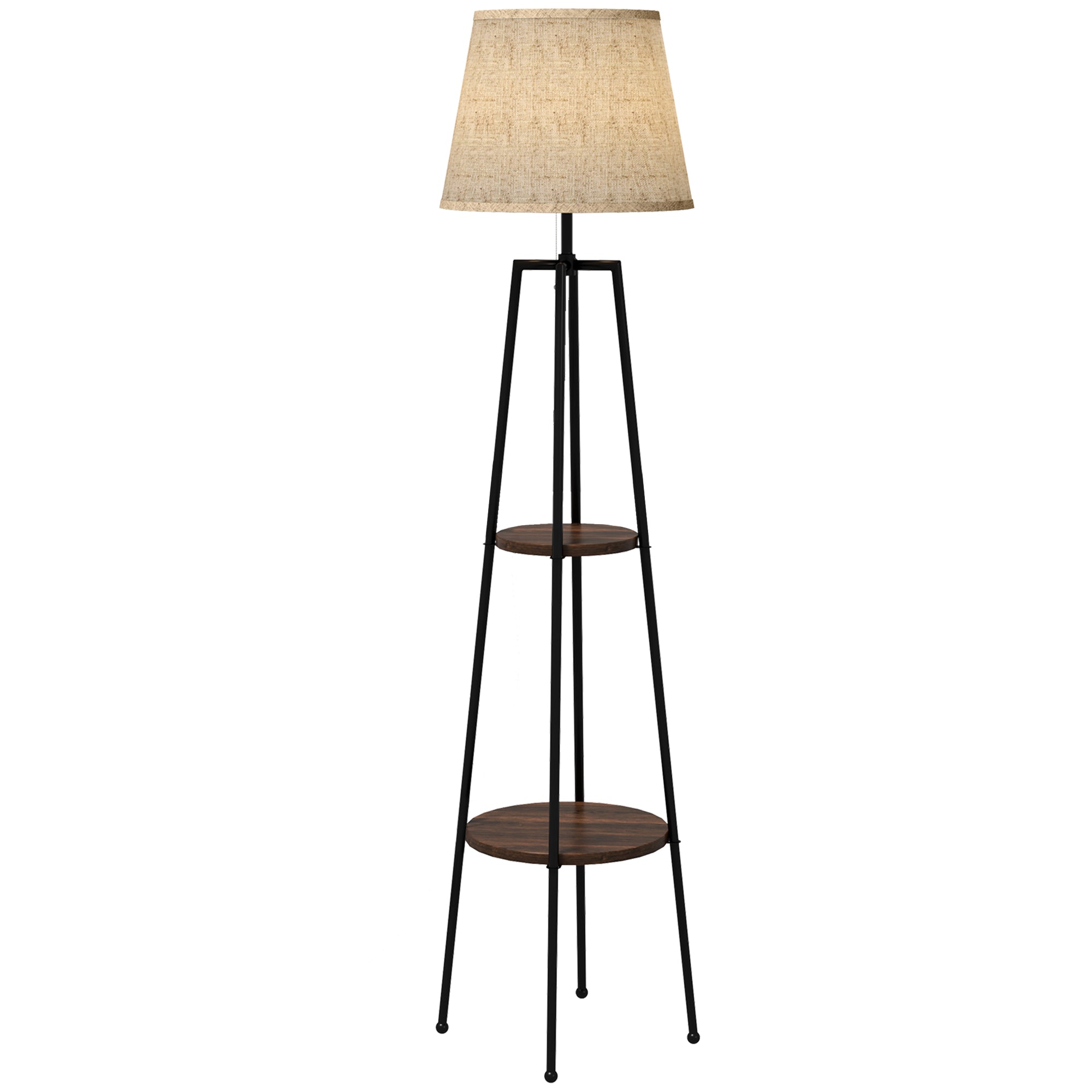 Lampadaire, lampe de salon sur pied, 2 étagères de rangement, douille E27, 40 W, interrupteur à tirette inclus, abat-jour tissu, métal, design moderne, noir marron
