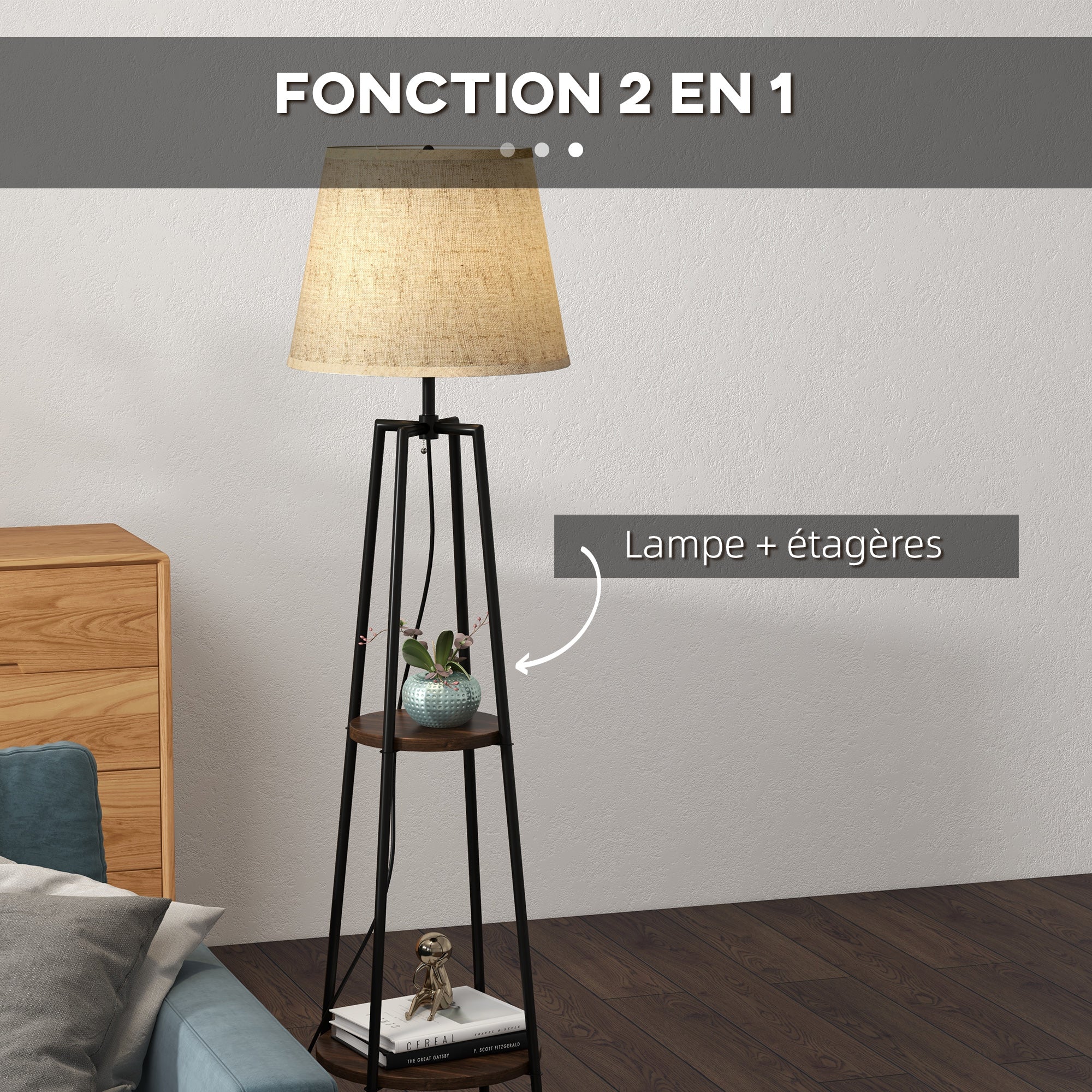 Lampadaire, lampe de salon sur pied, 2 étagères de rangement, douille E27, 40 W, interrupteur à tirette inclus, abat-jour tissu, métal, design moderne, noir marron