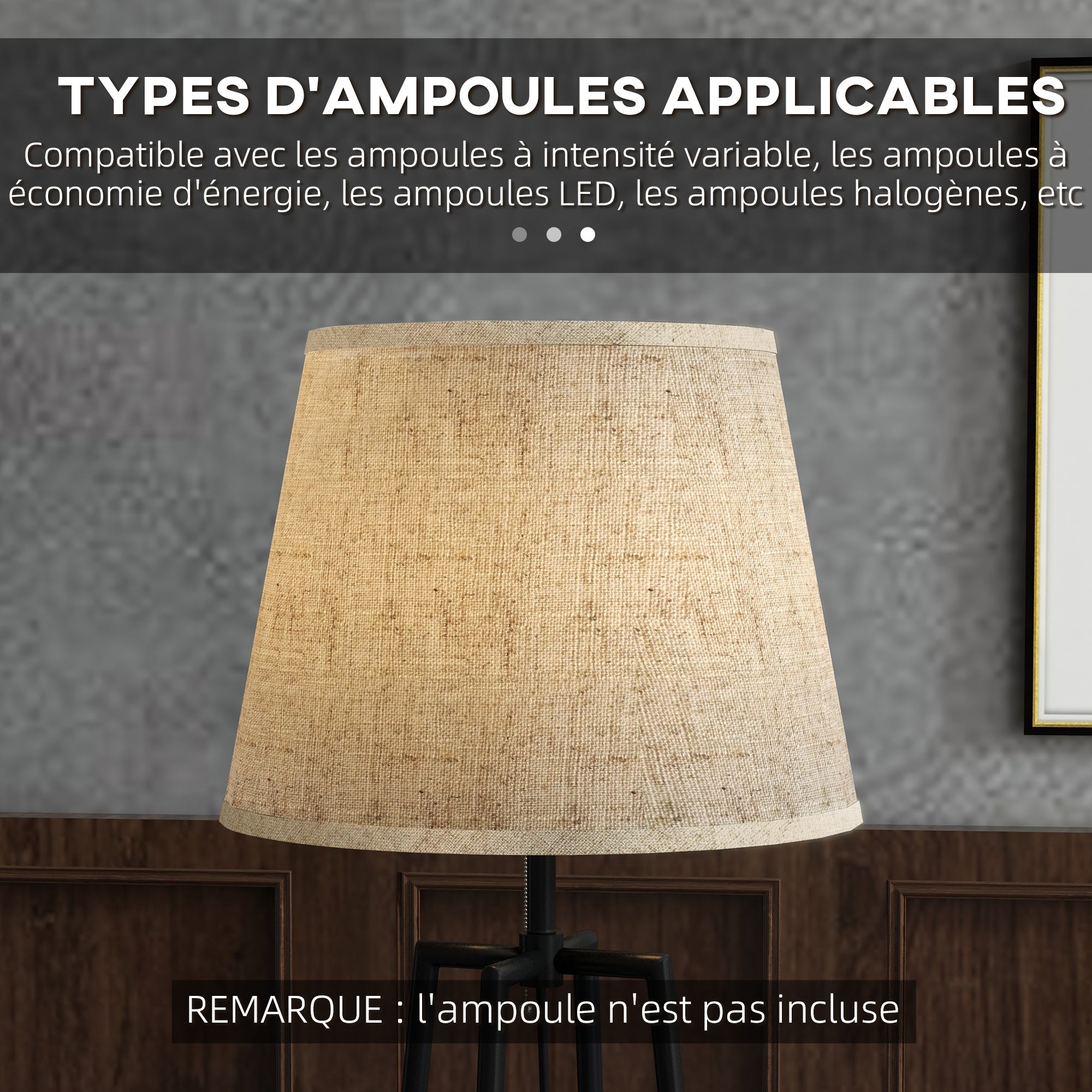Lampadaire, lampe de salon sur pied, 2 étagères de rangement, douille E27, 40 W, interrupteur à tirette inclus, abat-jour tissu, métal, design moderne, noir marron
