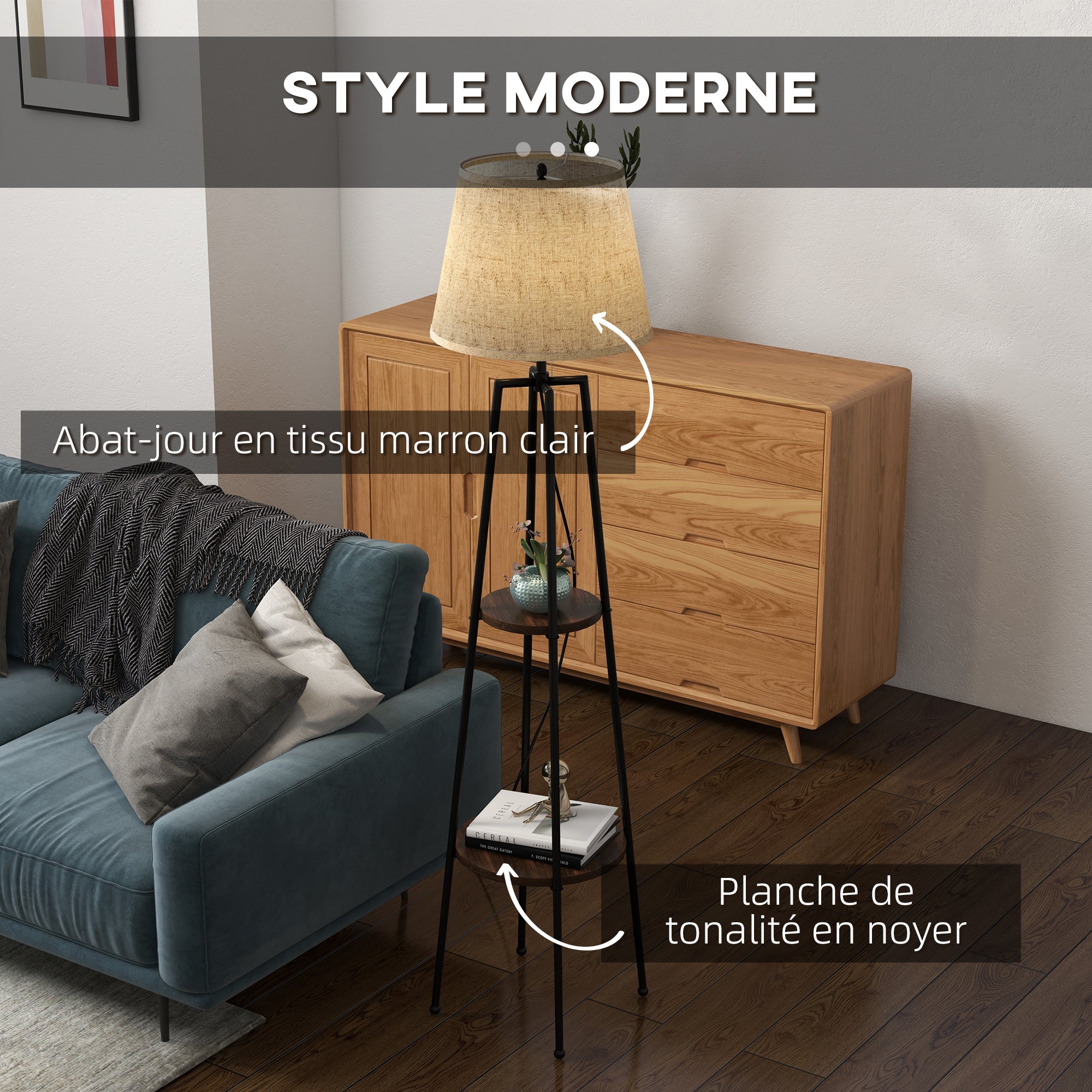 Lampadaire, lampe de salon sur pied, 2 étagères de rangement, douille E27, 40 W, interrupteur à tirette inclus, abat-jour tissu, métal, design moderne, noir marron