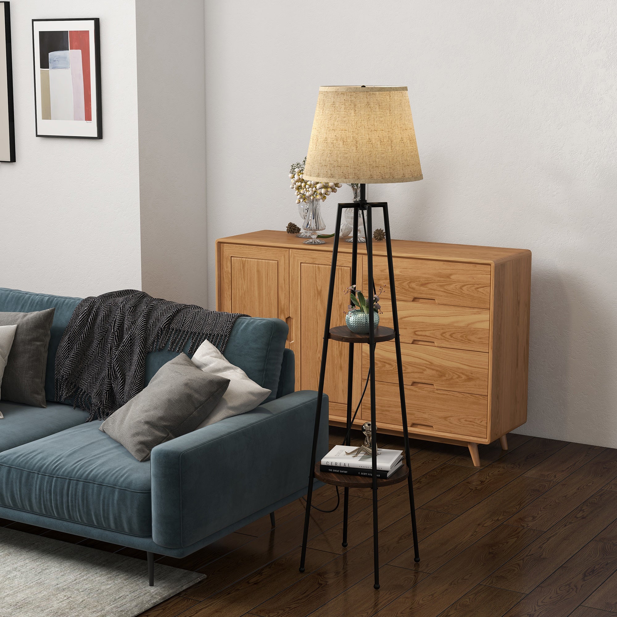 Lampadaire, lampe de salon sur pied, 2 étagères de rangement, douille E27, 40 W, interrupteur à tirette inclus, abat-jour tissu, métal, design moderne, noir marron