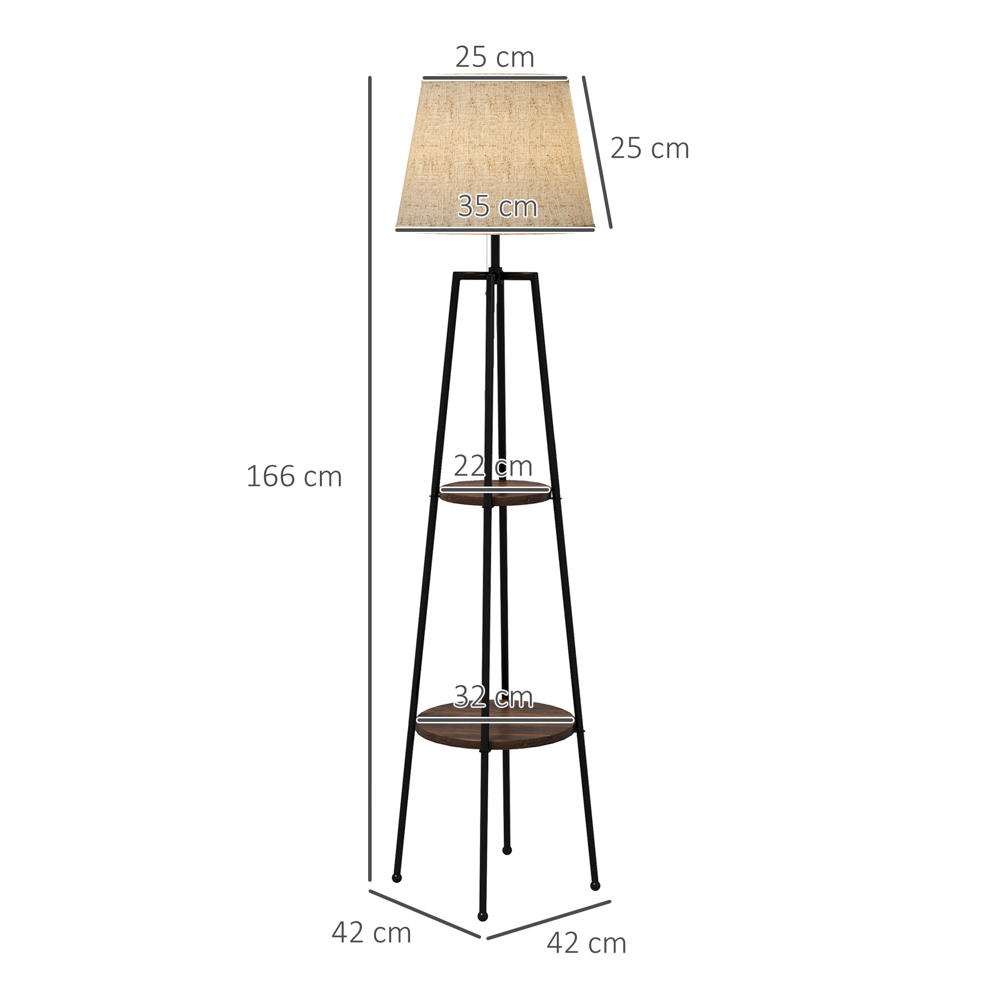 Lampadaire, lampe de salon sur pied, 2 étagères de rangement, douille E27, 40 W, interrupteur à tirette inclus, abat-jour tissu, métal, design moderne, noir marron