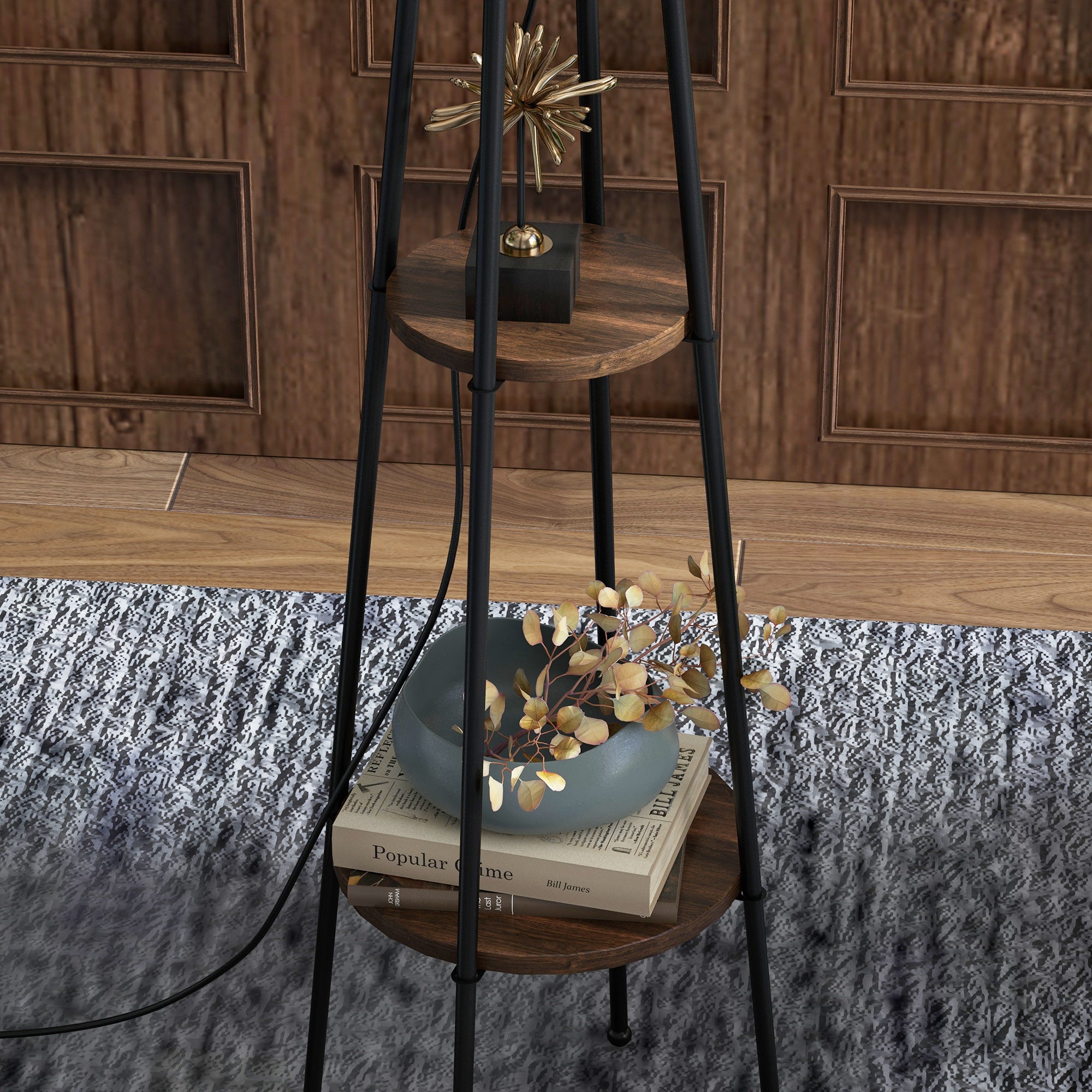 Lampadaire, lampe de salon sur pied, 2 étagères de rangement, douille E27, 40 W, interrupteur à tirette inclus, abat-jour tissu, métal, design moderne, noir marron